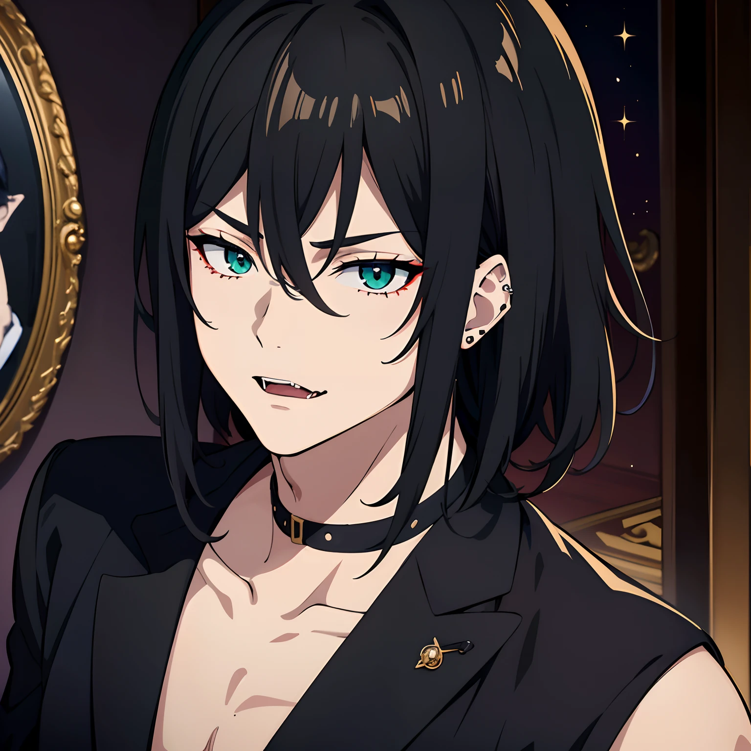 (masterpiece, best quality), intricate details, 8k, sharp focus, (best quality) (detailed skin:1.3) (intricate details) (8k) (detailed eyes) (anime) male character, wavy hair, mullet, short hair, black hair, green eyes, male, anime boy, frontage, lovely boy, perfect face, detailed eyes, bold background, detailed accessories, unique outfit, sharp eyes, male, young man, idol, dark colours, piercings, pale skin, vampire, fangs, defined features, model, Rei Sakuma, Sakuma Rei, gothic, artistic, symbolism, sexy, falling stars, dark clothes, dark room, muscular, cluttered room, indoors, detailed background, bold colours, bold outlines
