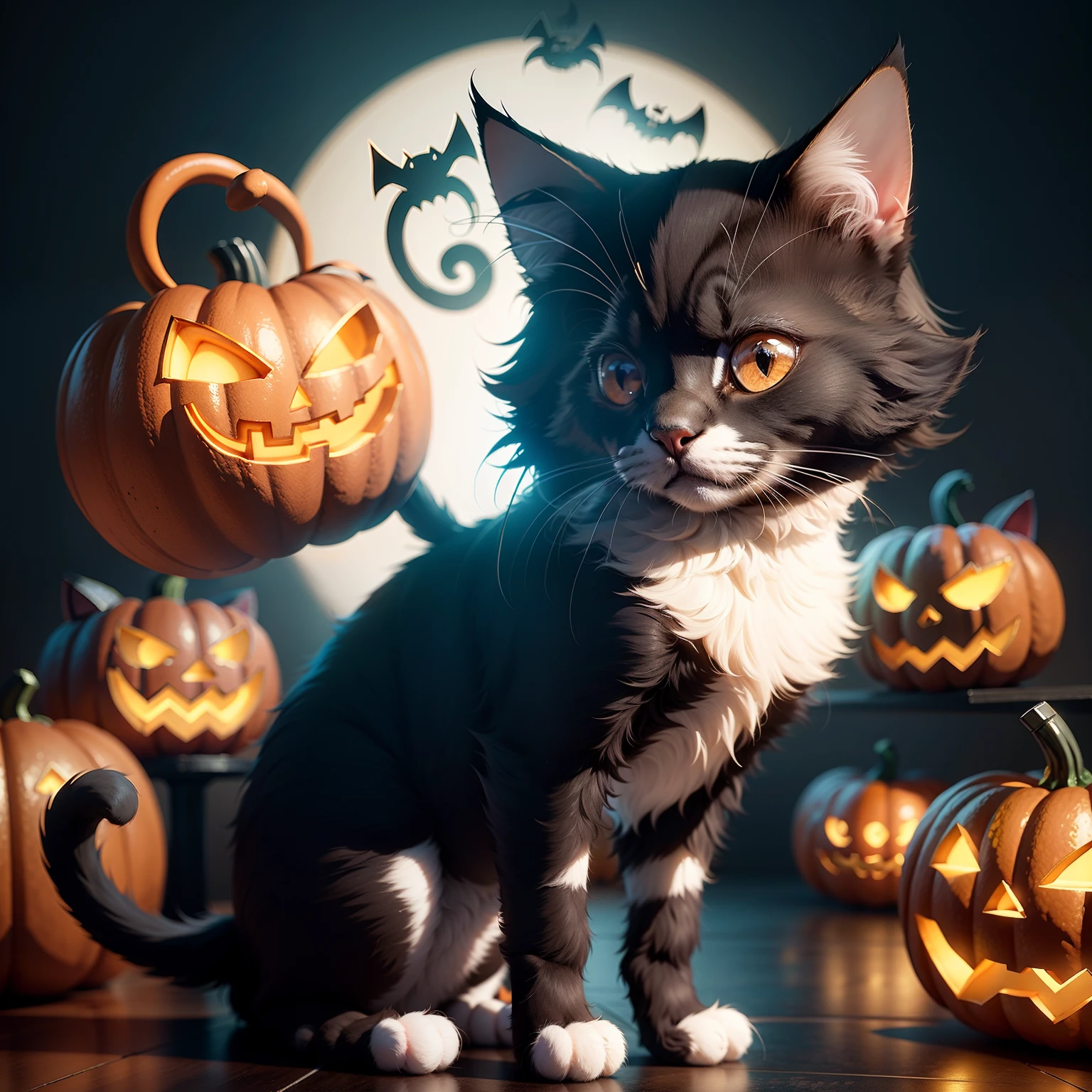Cute Halloween Cat,Middle element,(master-piece,bestquality:1.2),Best Lights,best shadows,Show background, stylized 3d render