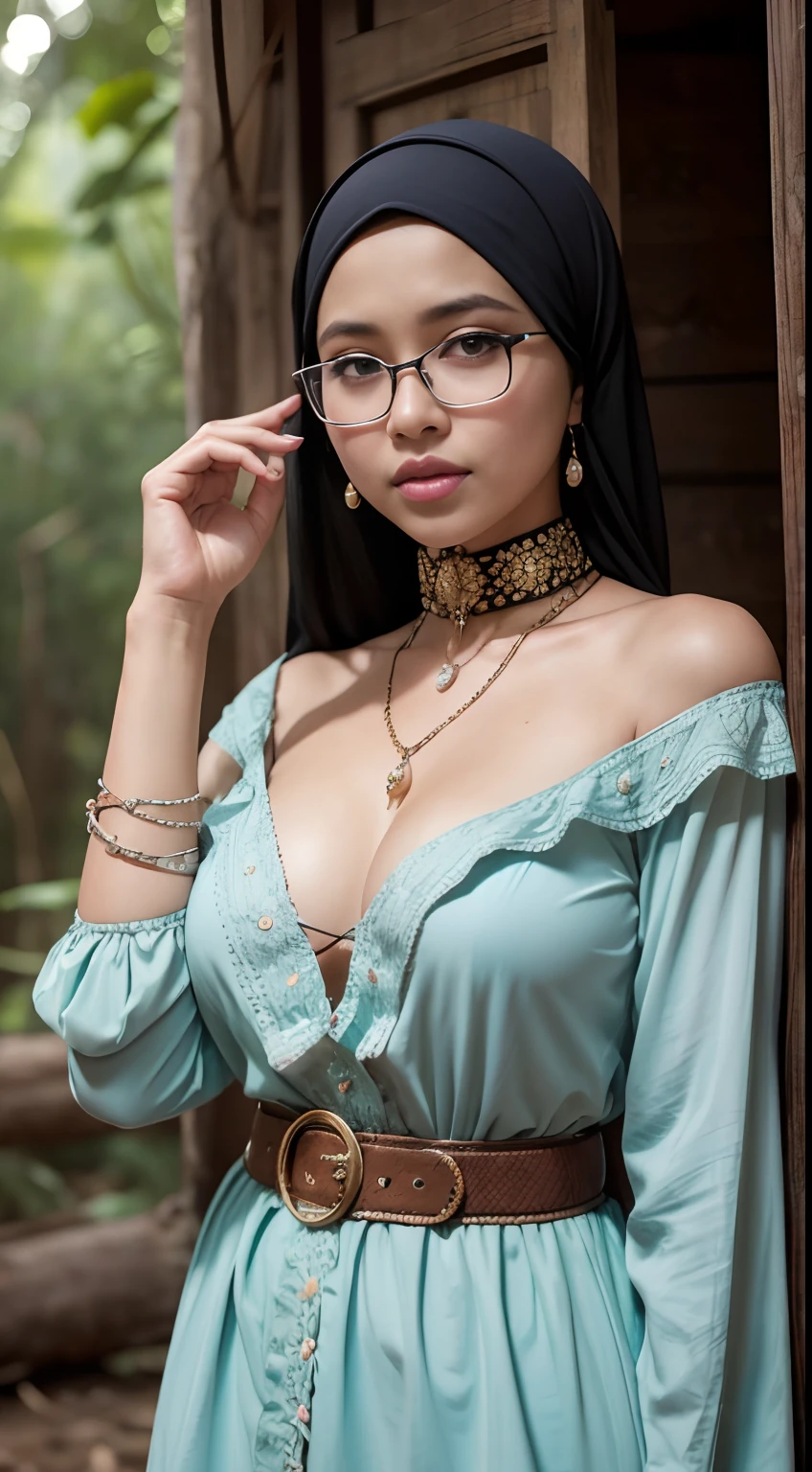 cowboy_pose,naughty, (iu:0.8),cleavage, RAW, Best quality, high resolution, Masterpiece: 1.3, Beautiful glasses pearl_skinned sexy hijabi javanese teen at tribal forest, Masterpiece, Soft smile,choker