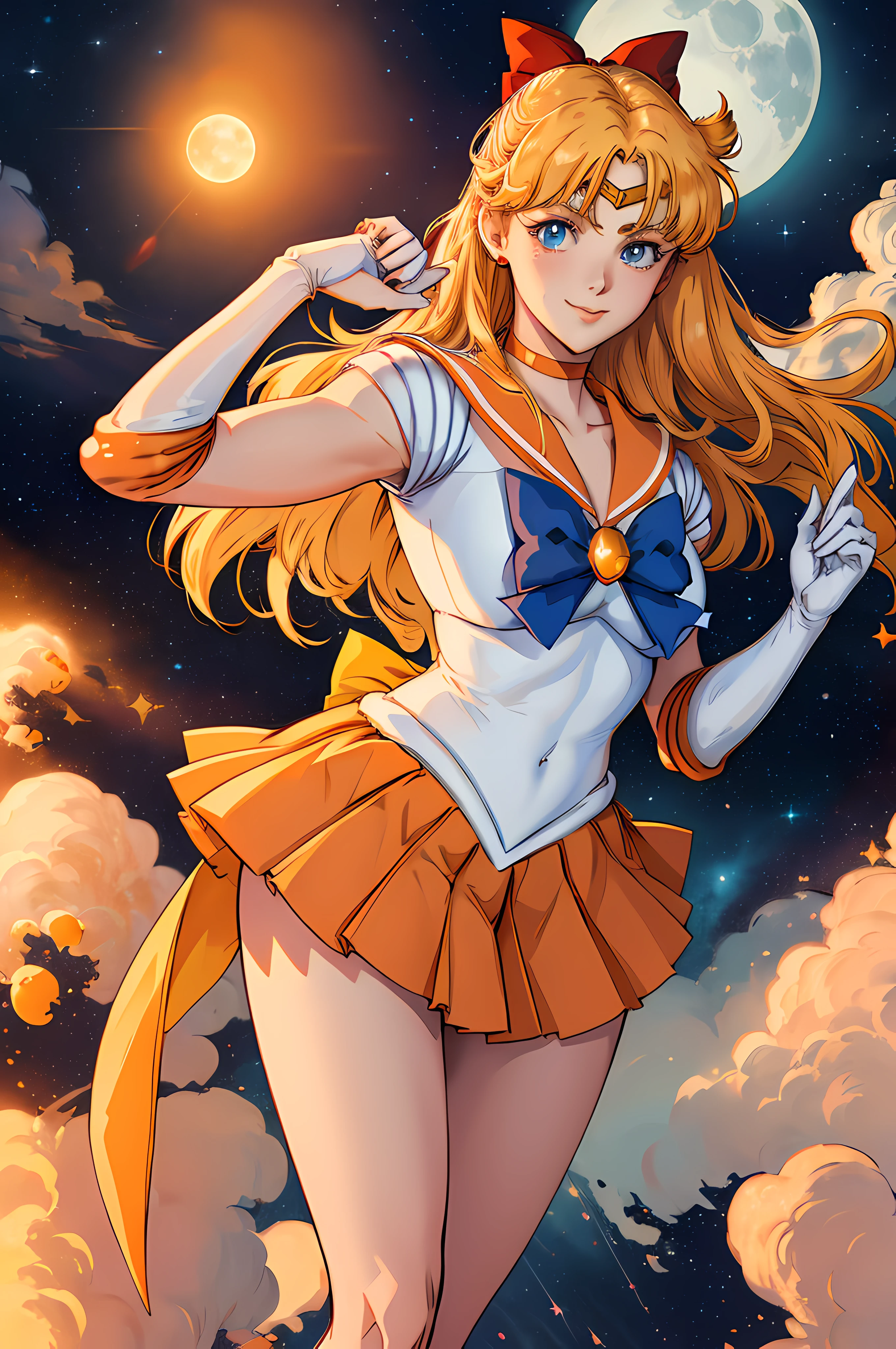 masterpiece, best quality, highres, sv1, sailor senshi uniform, orange skirt, elbow gloves, tiara, pleated skirt, miniskirt, red bow, orange choker, white gloves, jewelry, outdoors, street, cowboy shot, leaning forward, pointing at viewer,