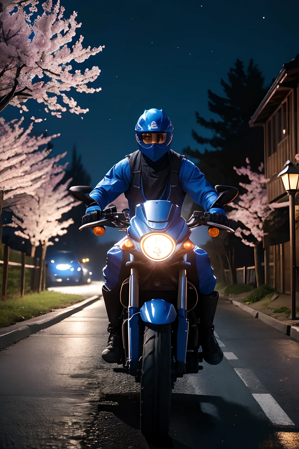 A ninja in a blue costume riding an excavator on a road at night, with cherry trees surrounding.
In this prompt, we want to create a vivid and detailed image of a ninja in a blue costume riding an excavator on a road at night, with cherry trees surrounding. The prompt should also capture the texture, additional details, image quality, art style, color palette, and lighting of the scene.
Here is the Stable Diffusion prompt:
"(best quality,4k,8k,highres,masterpiece:1.2), ultra-detailed, (realistic,photorealistic,photo-realistic:1.37), ninja in blue costume riding an excavator, road at night with cherry trees, detailed cherry blossom petals falling in the wind, moonlight casting a soft glow, vibrant colors, bokeh lighting, landscape."