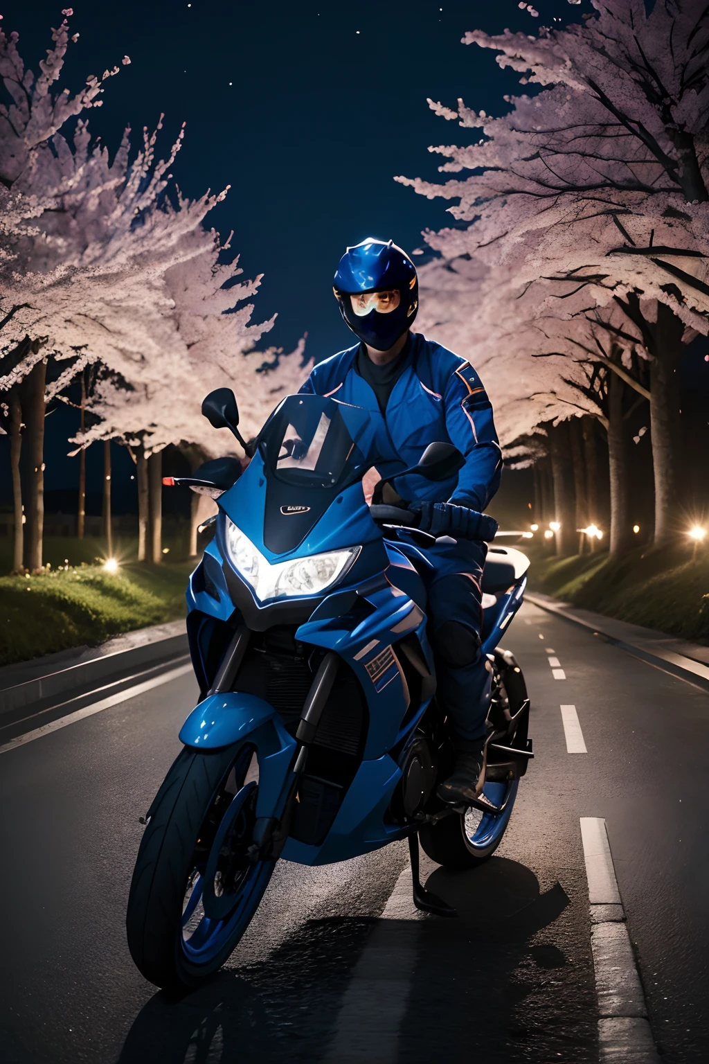 A ninja in a blue costume riding an excavator on a road at night, with cherry trees surrounding.

In this prompt, we want to create a vivid and detailed image of a ninja in a blue costume riding an excavator on a road at night, with cherry trees surrounding. The prompt should also capture the texture, additional details, image quality, art style, color palette, and lighting of the scene.

Here is the Stable Diffusion prompt:
"(best quality,4k,8k,highres,masterpiece:1.2), ultra-detailed, (realistic,photorealistic,photo-realistic:1.37), ninja in blue costume riding an excavator, road at night with cherry trees, detailed cherry blossom petals falling in the wind, moonlight casting a soft glow, vibrant colors, bokeh lighting, landscape."