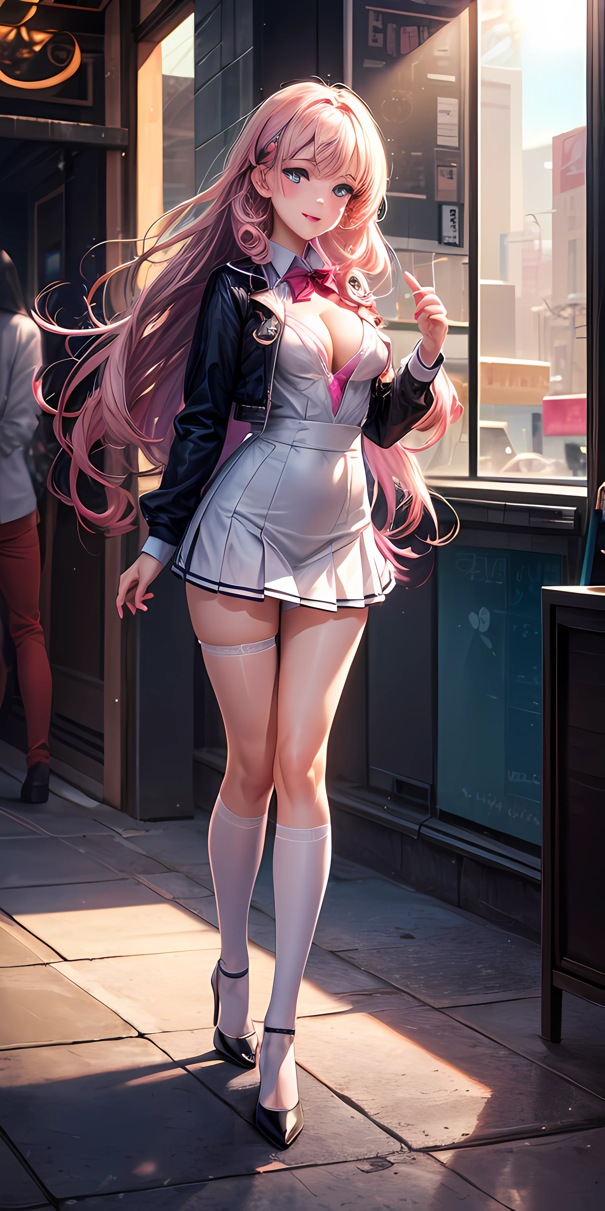 ((1 girl)), ultra detail, high resolution, ultra-detailed, best quality:1.2, amazing, top quality, extremely detailed CG unity 8k wallpaper, cinematic lighting, cyberpunk, portrait, vivid colors, sharp focus, HDR, bokeh, cute face, looking at viewer, Masterpiece, Extremely beautiful girl, Attractive oval face, playful smile, ultra-thin light transmission, Full body, Extremely detailed eyes, full lips, pink lips, pink , Fair skin, Shiny skin, Cleavage, ((cerulean eyes)), sun rays, raytracing, Light bloom, Impossibly long hair, mature curly hair style, ((medium Breasts)), high heels, small nose, stockings, form fitting school uniform, spilling out,