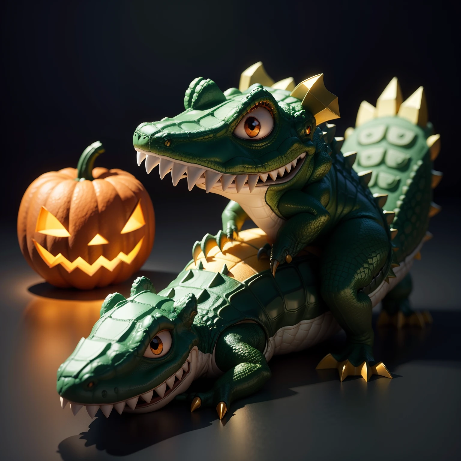 Cute Halloween Crocodile,Middle element,(master-piece,bestquality:1.2),Best Lights,best shadows,Show background, stylized 3d render