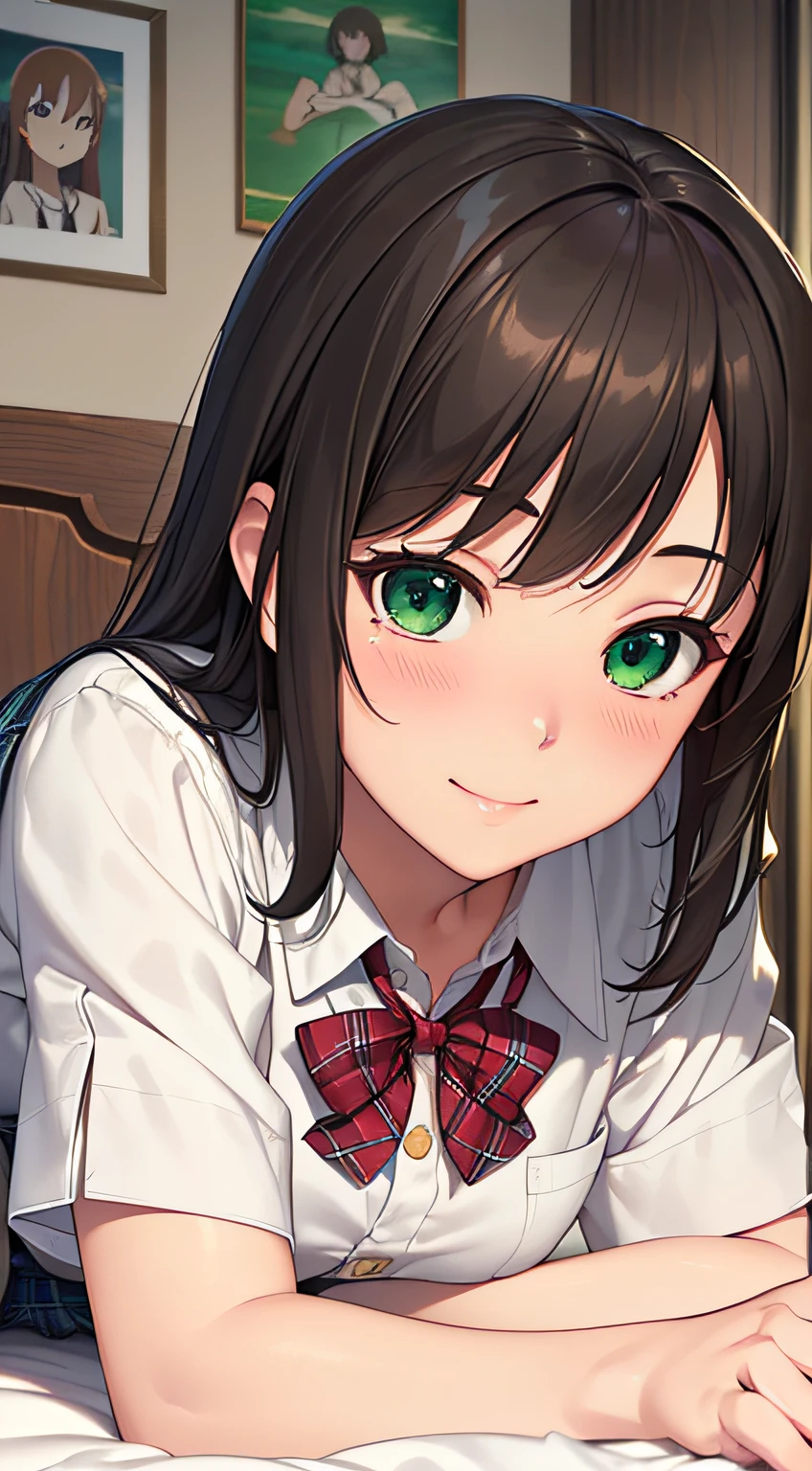 ((Masterpiece, Best quality, A high resolution, hyper HD, Perfect pixels, Depth of field, 4K, RTX, hdr))), 1girll, Single, Solo, Beautiful anime girl, Beautiful Art Style, anime figure, ((Long hair, bangs, Brown hair, Curly hair:0.8)), ((Green eyes:1.4, Rounded eyes, Beautiful eyelashes, Realistic eyes)), ((Detailed face, Blushing:1.2)), ((Smooth texture:0.75, Realistic texture:0.65, Photorealistic:1.1, Anime CG style)), Medium breasts, Dynamic Angle, Perfect body, ((angle of view, Sleeping position, Supine position, Lie down in bed, Sighing expression)), ((red bowtie, school uniform, White shirt, Brown cardigan, longer sleeves, Black skirt, plaid skirts)), Smile, indoor, Bedroom, Natural light, Sunshine