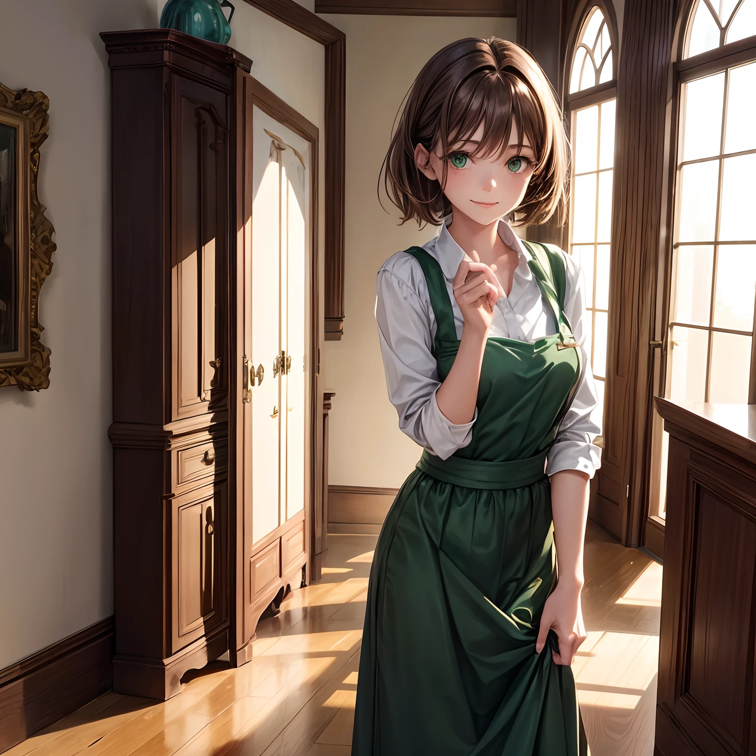 Slave 1girl, Lilith, light brown hair of medium length, medium-short height, green eyes, technology savvy, simply satisfied and happy in her situations, excellent housekeeper, casual clothes, 1girl, standing in a mansion hallway, housekeeper clothes