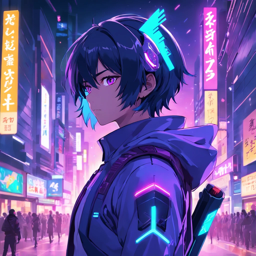 imagine (male) cyber samurai, detailed 2d vector anime, potrait (suit) cyber ninja white and purple, ((futuristic)) neon cyberpunk suit, using futuristic (helmet faceless), (weapon) 2 sword on his back, stunning artwork, shimmering shadows, strong colors, cyberpunk concept with neon effect, black hair, (eyes) green, cyberpunk background with purple and blue lights