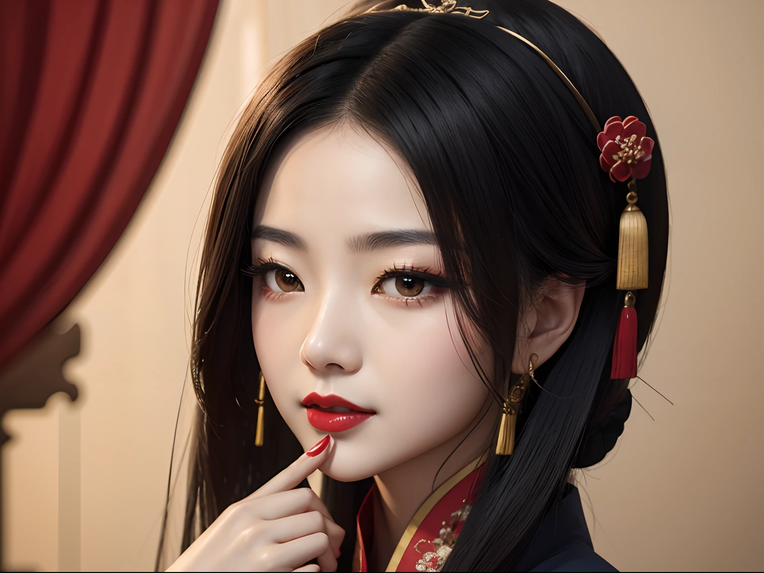 Woman with red lipstick, covering the mouth,full bodyesbian，inspired by Luo Mu, inspired by Yao Tingmei, 张曼玉, Traditional beauty, Inspired by Huang Ji, inspired by Li Mei-shu, inspired by Park Hua, Inspired by Lan Ying, inspired by Lü Ji, tang dynasty,Masterpiece,Best quality,High detail