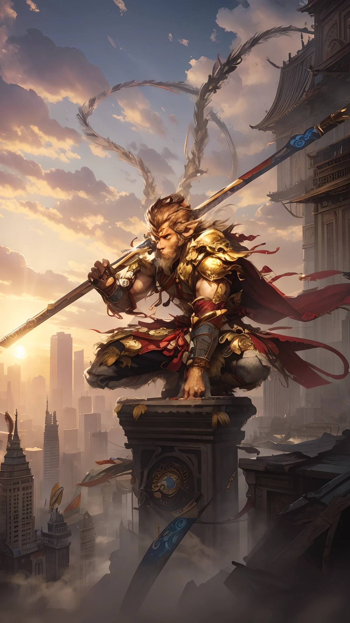 Sun wukong,handsome face,city background