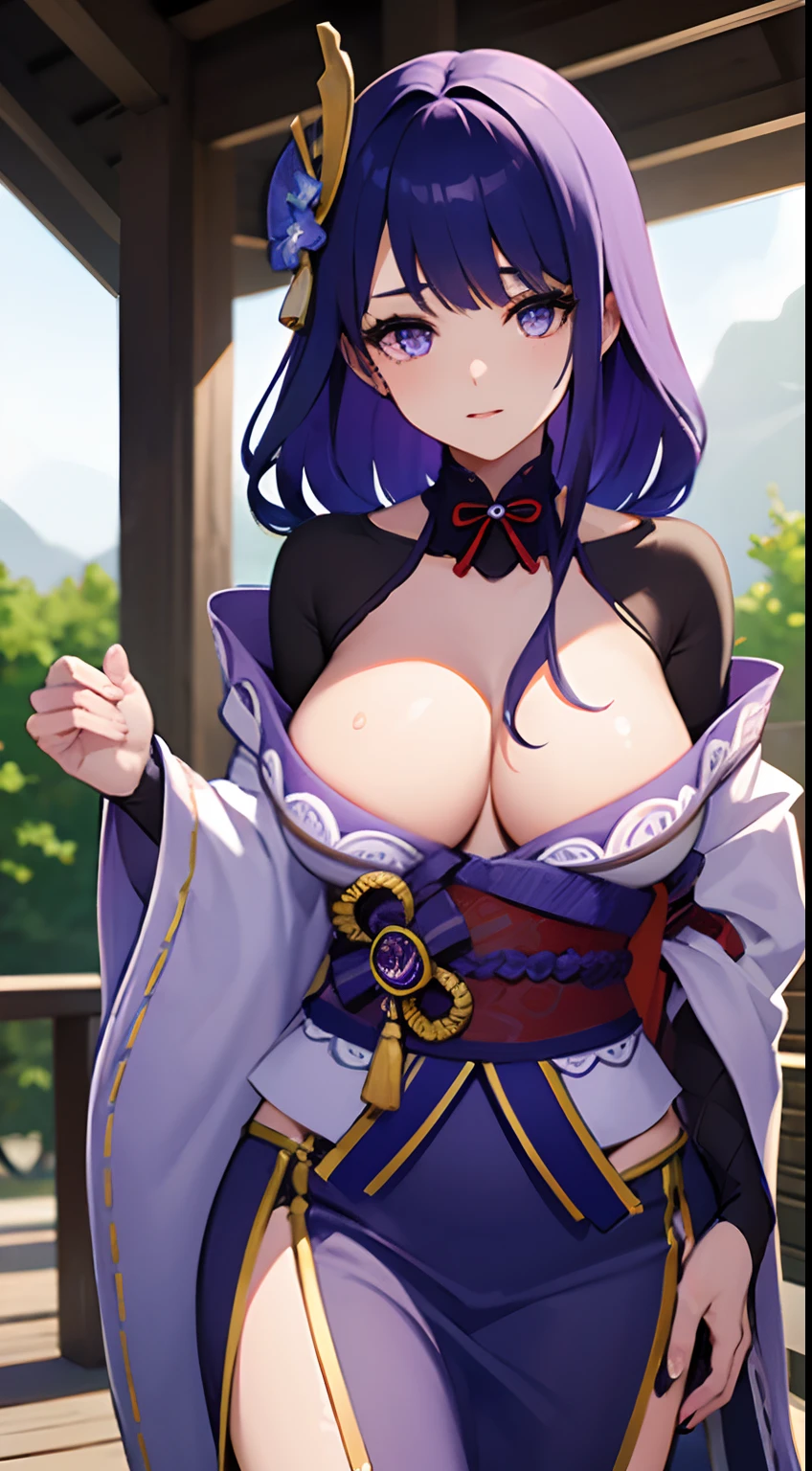Scenery, very detailed, high definition, 1lady, beautiful eyes, look at viewer, medium boobs, raiden shogun, purple hair