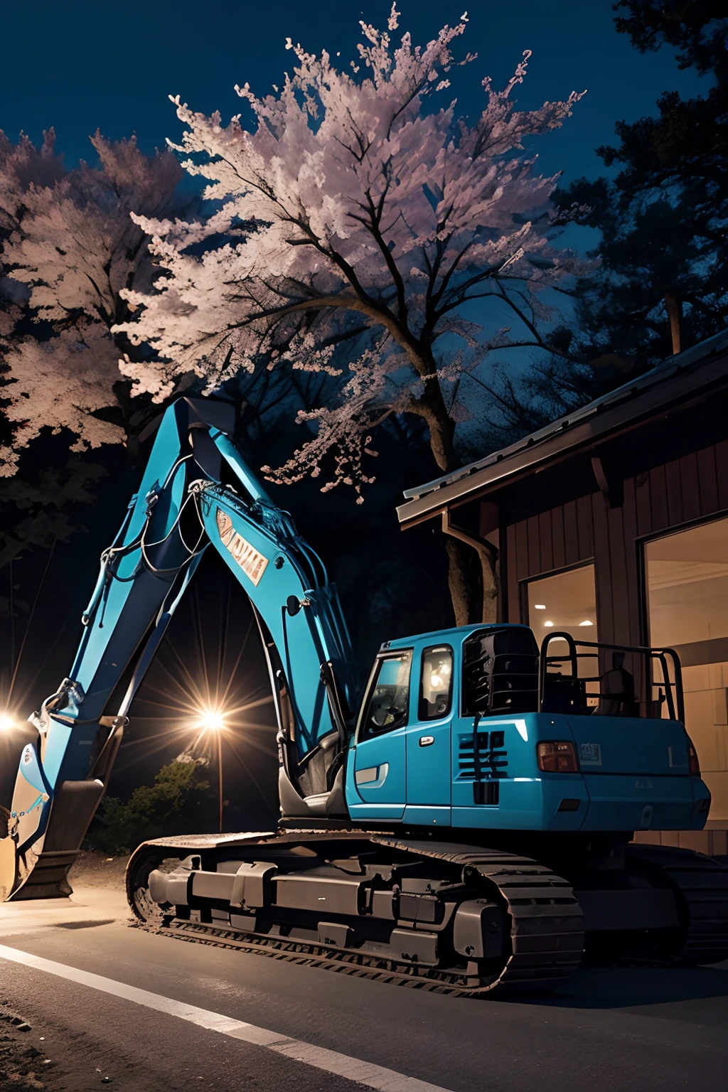 Ninja in blue costume, riding an excavator, on a road at night with cherry trees around