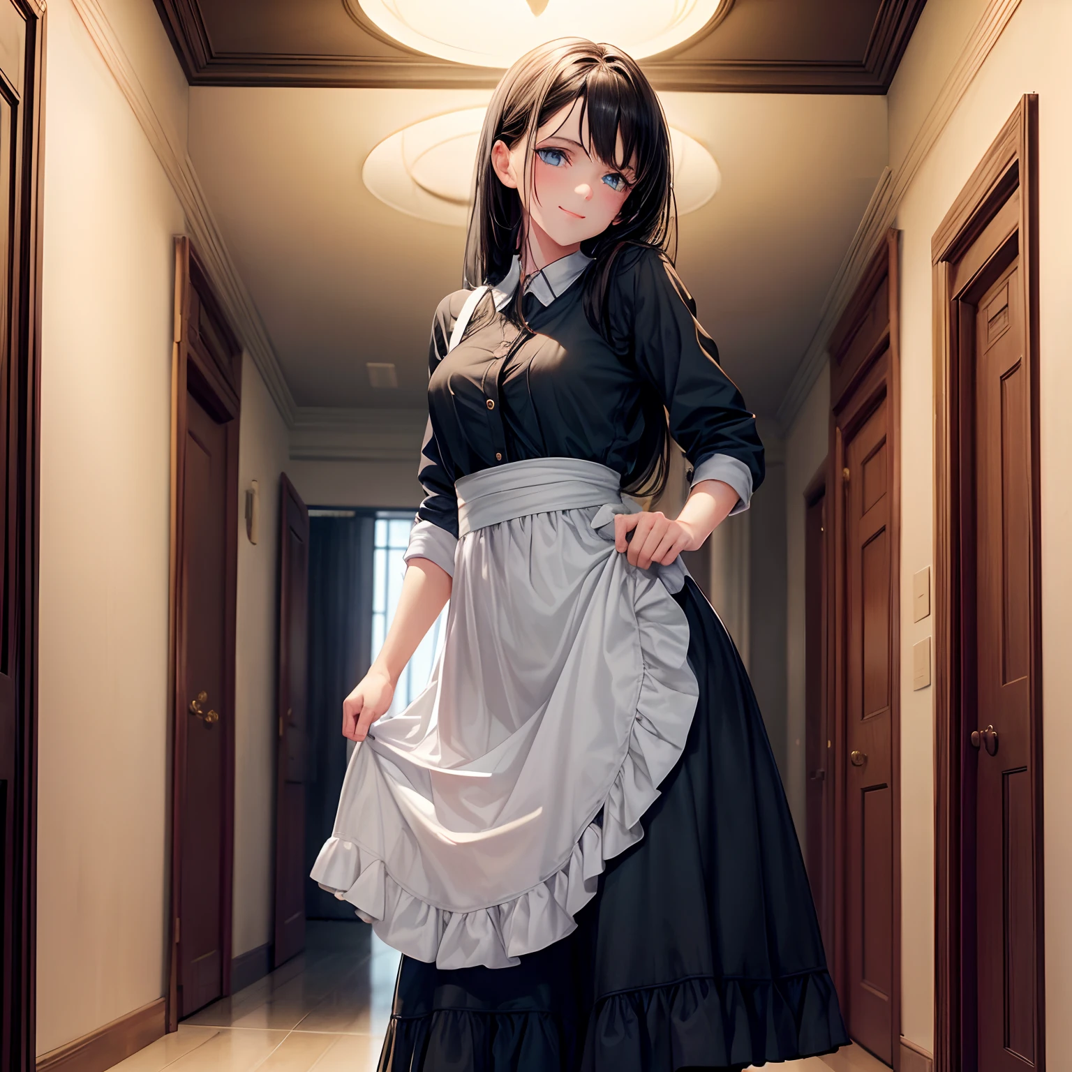 Slave 1girl, Samantha, black hair, medium height, blue eyes, lethargic, not energetic, a realist, deep voiced as if she is tired 24/7, casual clothes, 1girl, standing in a mansion hallway, housekeeper clothes, giving a smile,