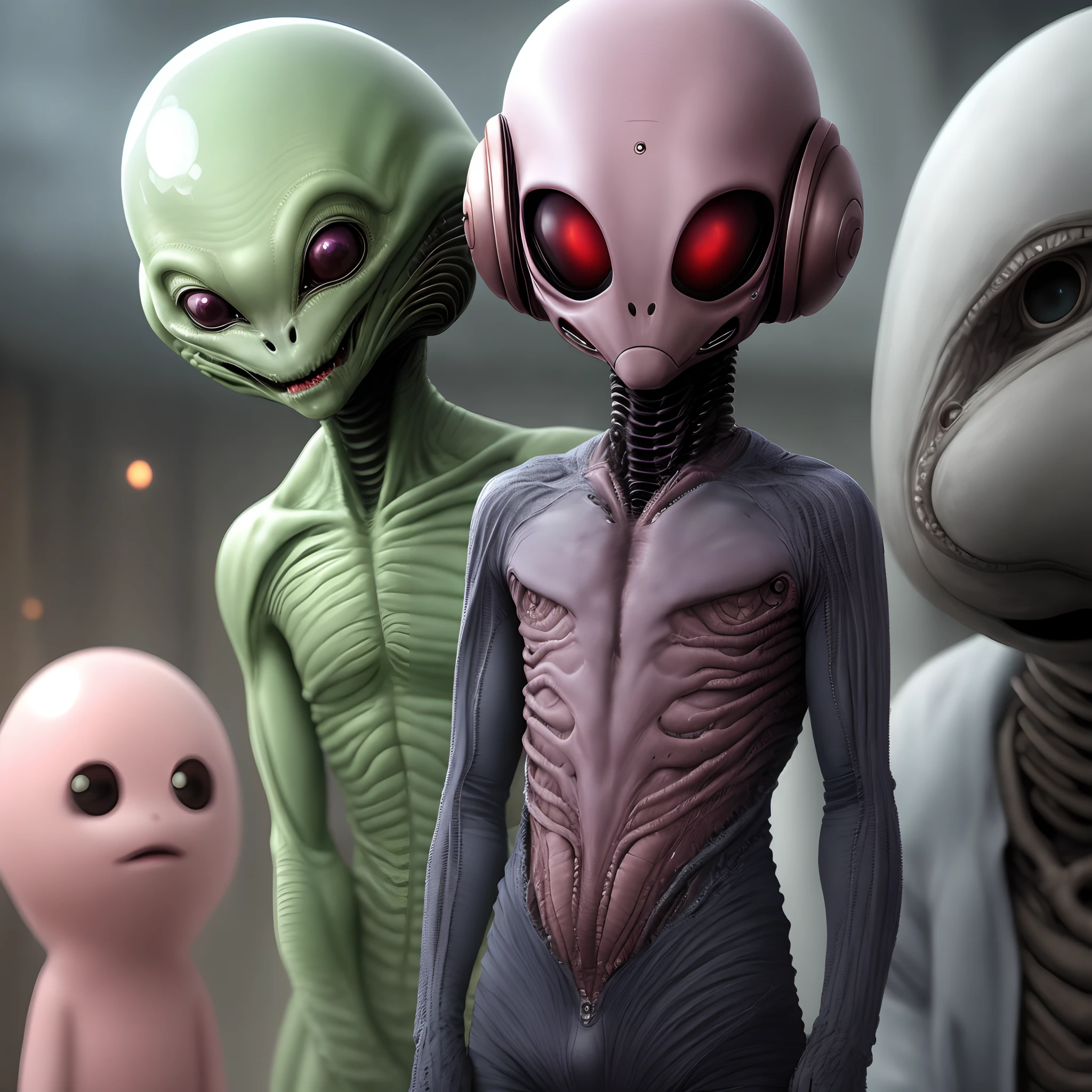 (photorealism:1.2), Terrifying aliens in a room of a house, On the wall of the room there is a painting with some words written in blood that say TERROR MG, In the dark