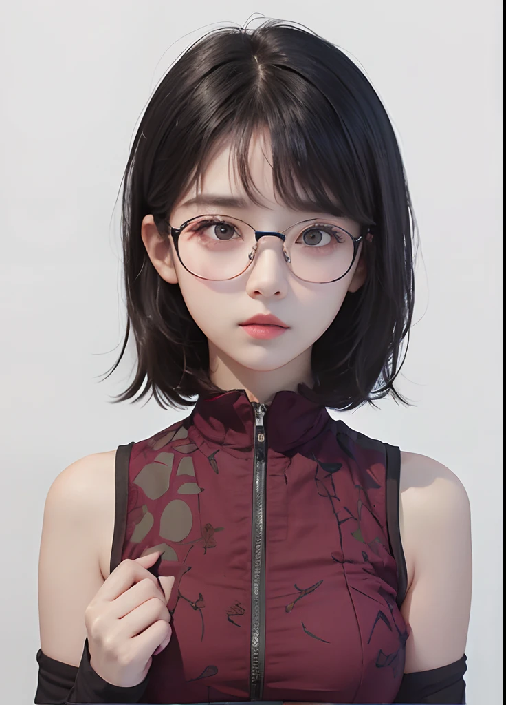 A girl with realistic short black hair, beautiful face of a realistic Korean teenager, realistic cute face,realistic cool expression, holding realistic glasses, adapting to the exact same clothes,Realistic background, realistic light, realistic shadows