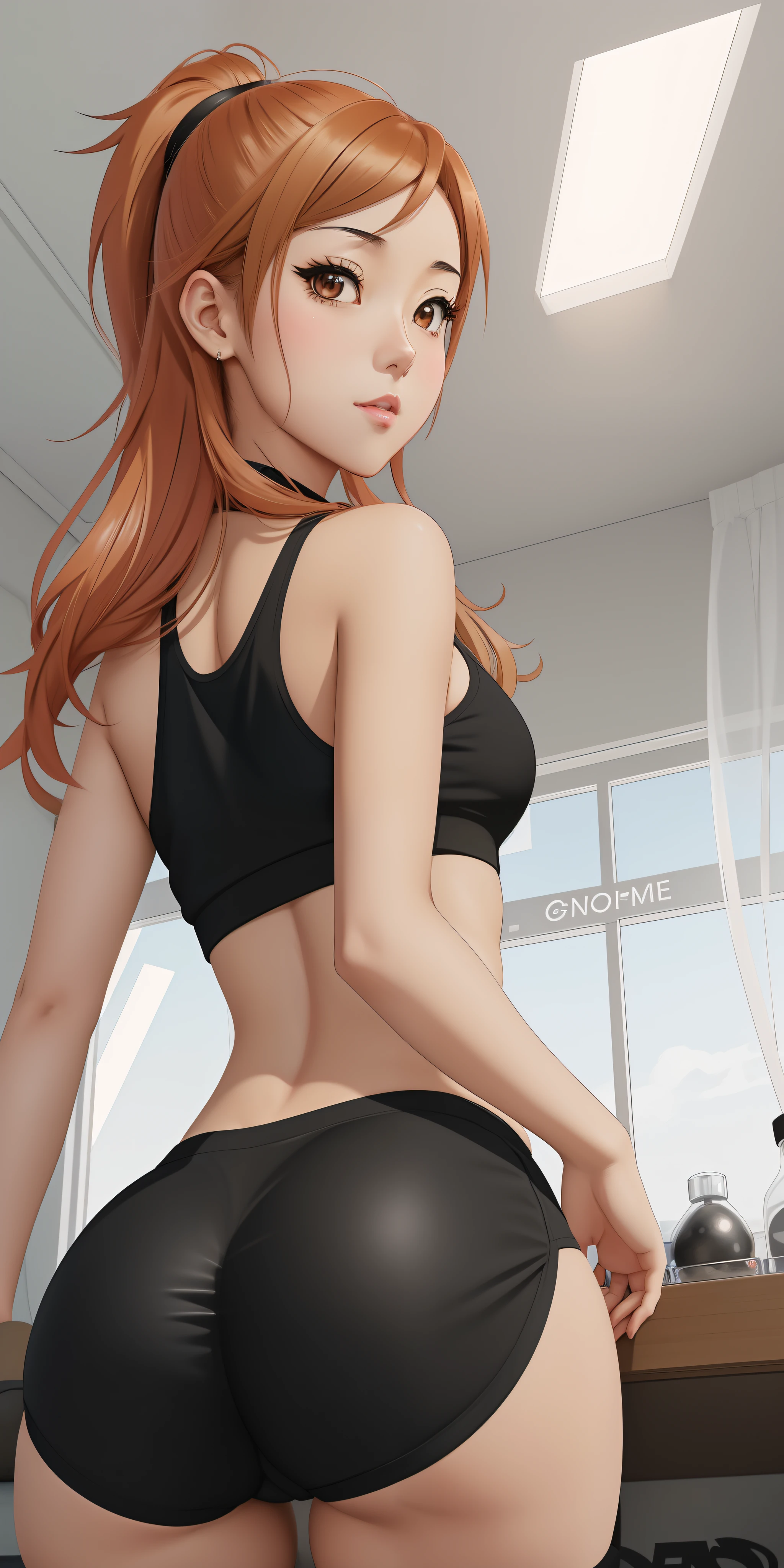 a cartoon picture of a woman in a black top and black shorts, working out, beautiful anime girl squatting, character is in her natural pose, fit girl, thicc, marin kitagawa fanart, artwork in the style of guweiz, in an anime style, clean detailed anime art, in a gym, realistic anime art style, digital anime illustration