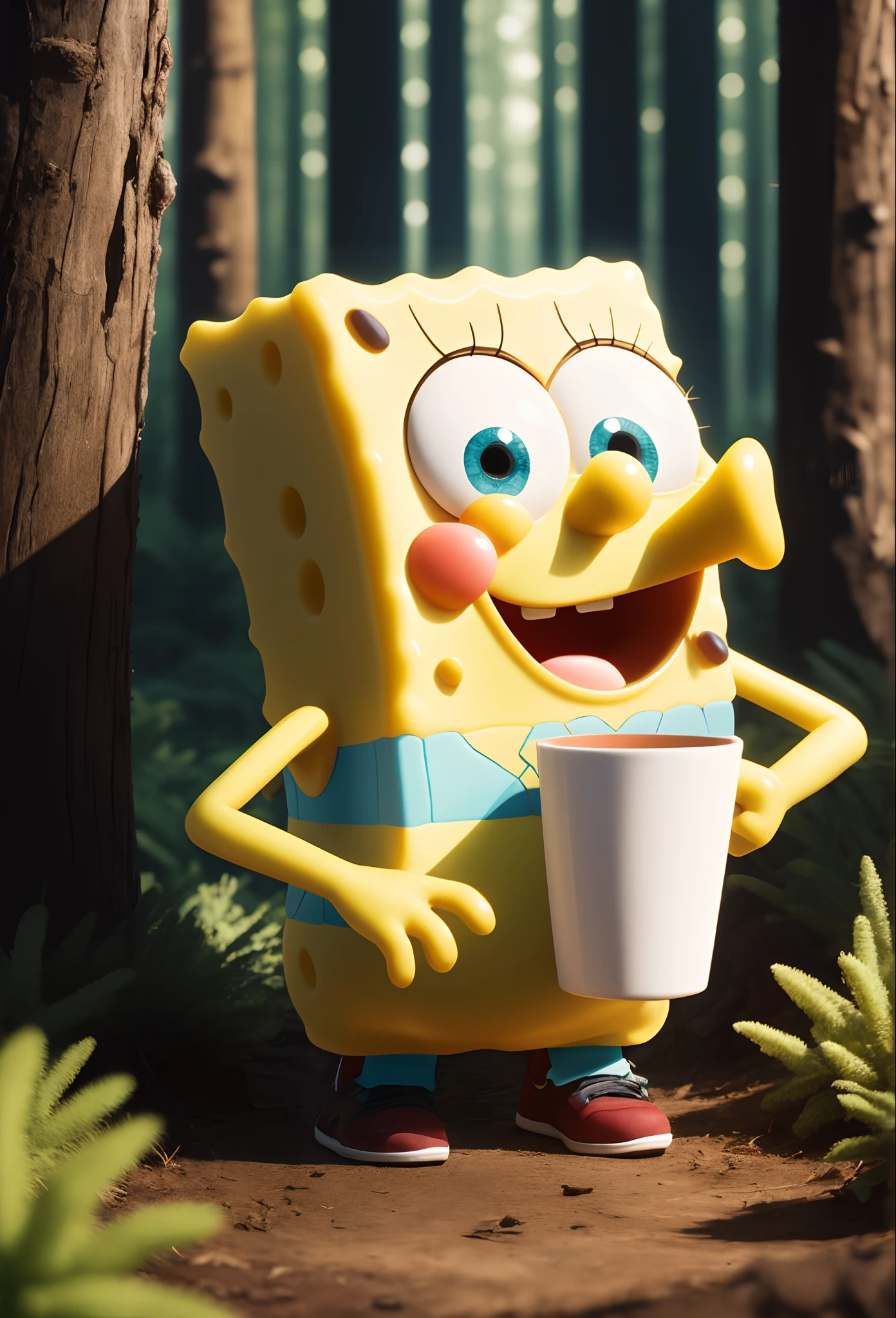 focus on the details to make the image stand out. The image will need to be high-quality with a 4k resolution and slightly high contrast, making the colors and details more vivid and striking. The main image should be a close-up shot of Spongebob from Spongebob Squarepants wearing a blue Nike Tech Suit, portrayed in 3D with an emphasis on realistic detail. His Air Jordan 4s Black Cats shoes should also be rendered in 3D with a glow tint to set them apart.
Spongebob will be standing on a log in the middle of a dense, ominous forest. The forest should be full of trees with a misty quality that adds to its eerie atmosphere. The surrounding environment should be bustling with life, to help build out the realistic aesthetic of the image and add to its overall impact.
The white cup in Spongebob's left hand should also be fully rendered in 3D, emphasizing its curves and reflective properties. Its contents should be a vibrant purple liquid, splashing out of the cup. Spongebob's facial features and limbs should be fully rendered, with a realistic, fluid motion to create a lifelike atmosphere.
The lighting should be carefully considered in this close-up shot, emphasizing the colors of Spongebob's outfit, the cup, and the cup's contents, bringing them out to the viewer. The background should be a gray, ominous forest wood background with a wooden shed visible to the left to help set the scene and create atmosphere.
Finally, the entire image should be rendered in 3D detail, bringing out the full effect of the image. Every detail of the trees, shed, Spongebob's outfit, and the Jordan 4s must be portrayed clearly to help captivate the viewer, and leave them feeling amazed. This close-up shot should be immersive, drawing in the viewer and making them feel part of the realistic atmosphere portrayed in the image.