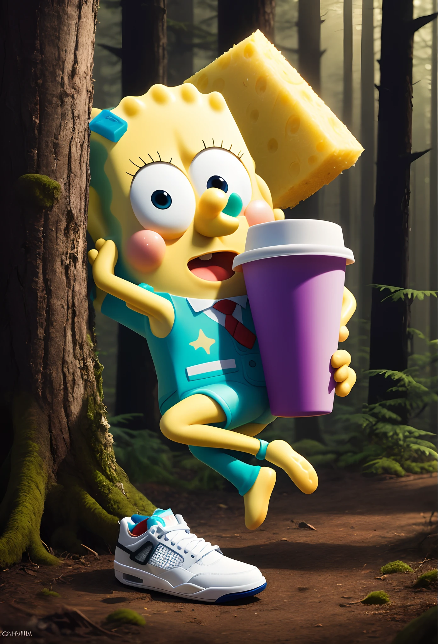 focus on the details to make the image stand out. The image will need to be high-quality with a 4k resolution and slightly high contrast, making the colors and details more vivid and striking. The main image should be a close-up shot of Spongebob from Spongebob Squarepants wearing a blue Nike Tech Suit, portrayed in 3D with an emphasis on realistic detail. His Air Jordan 4s Black Cats shoes should also be rendered in 3D with a glow tint to set them apart.
Spongebob will be standing on a log in the middle of a dense, ominous forest. The forest should be full of trees with a misty quality that adds to its eerie atmosphere. The surrounding environment should be bustling with life, to help build out the realistic aesthetic of the image and add to its overall impact.
The white cup in Spongebob's left hand should also be fully rendered in 3D, emphasizing its curves and reflective properties. Its contents should be a vibrant purple liquid, splashing out of the cup. Spongebob's facial features and limbs should be fully rendered, with a realistic, fluid motion to create a lifelike atmosphere.
The lighting should be carefully considered in this close-up shot, emphasizing the colors of Spongebob's outfit, the cup, and the cup's contents, bringing them out to the viewer. The background should be a gray, ominous forest wood background with a wooden shed visible to the left to help set the scene and create atmosphere.
Finally, the entire image should be rendered in 3D detail, bringing out the full effect of the image. Every detail of the trees, shed, Spongebob's outfit, and the Jordan 4s must be portrayed clearly to help captivate the viewer, and leave them feeling amazed. This close-up shot should be immersive, drawing in the viewer and making them feel part of the realistic atmosphere portrayed in the image.