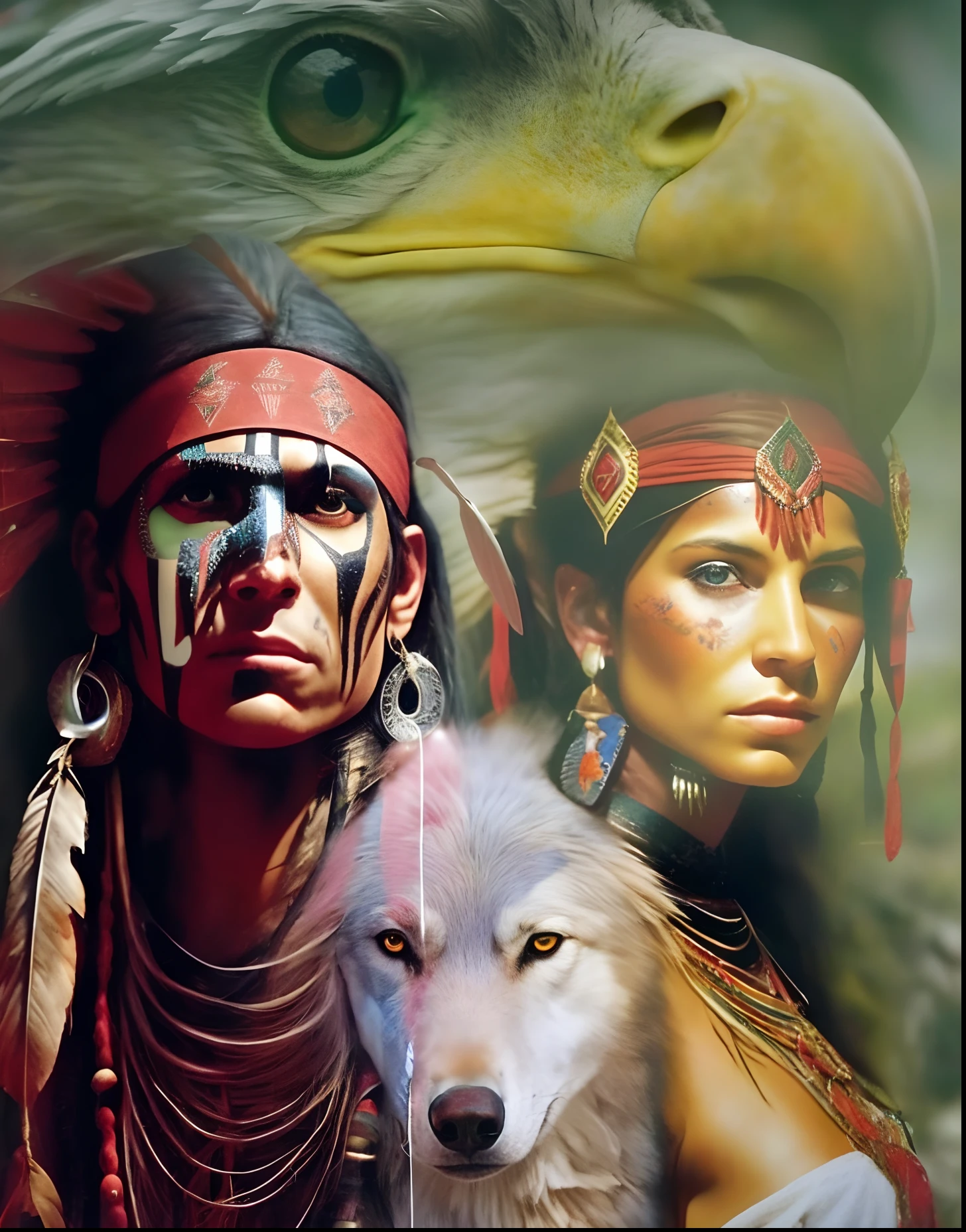 A highly detailed, hyperrealistic cinematic portrait of a Native American warrior and woman and wolf, featuring an Indigenous warrior in traditional tribal attire, with intricate face details, piercing eyes, and an awe-inspiring presence. The scene is set against a backdrop of ancient, mystical tribal imagery, showcasing the warrior's powerful spiritual connection to nature. The artwork is masterfully composed, with dynamic cinematography and expert lighting, resulting in a breathtakingly realistic and award-winning depiction of this captivating Native American fantasy.in background teepees