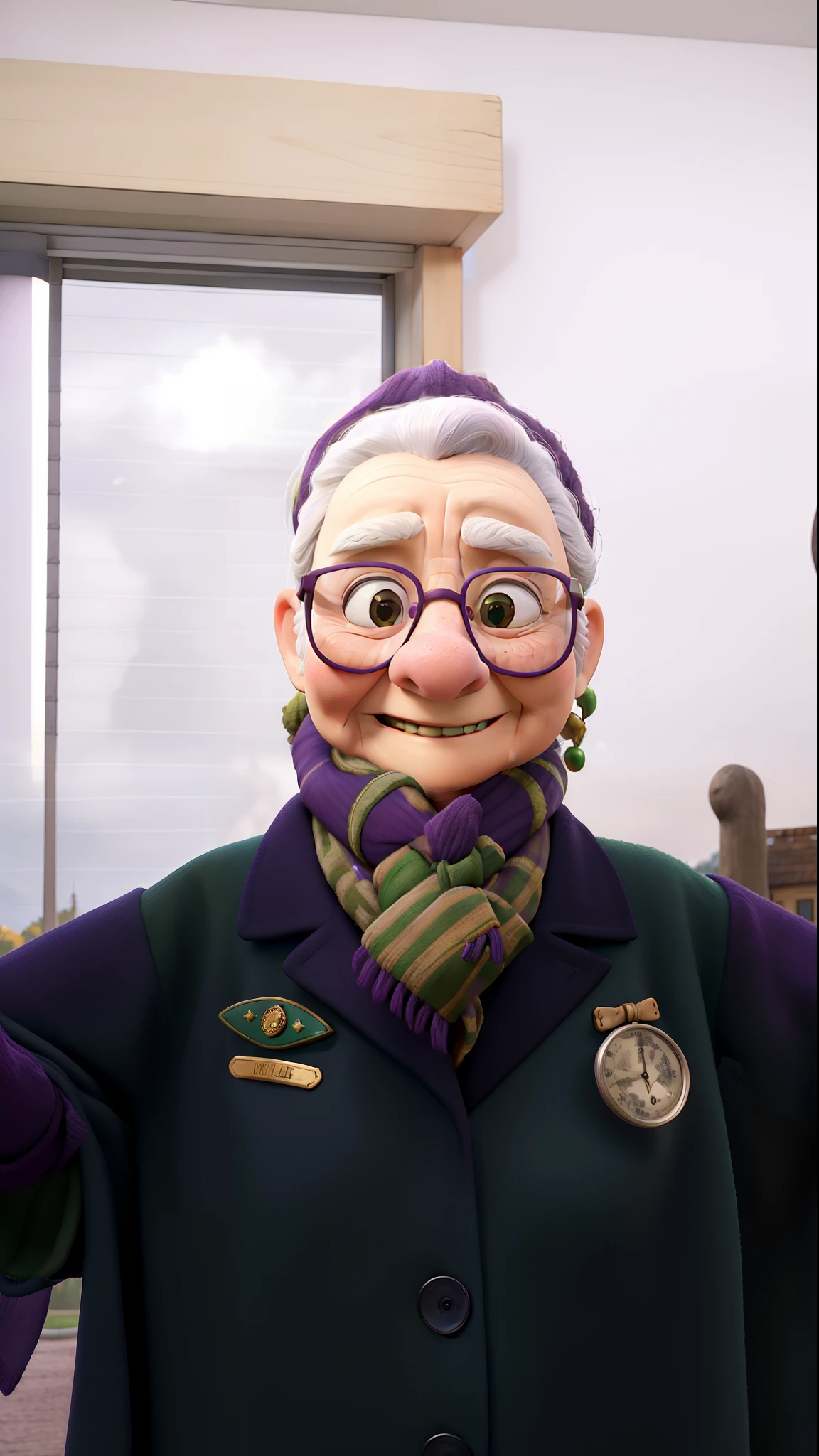 masterpiece, best quality, an old woman with glasses and a scarf on, wearing a purple coat and green scarf, standing at the park