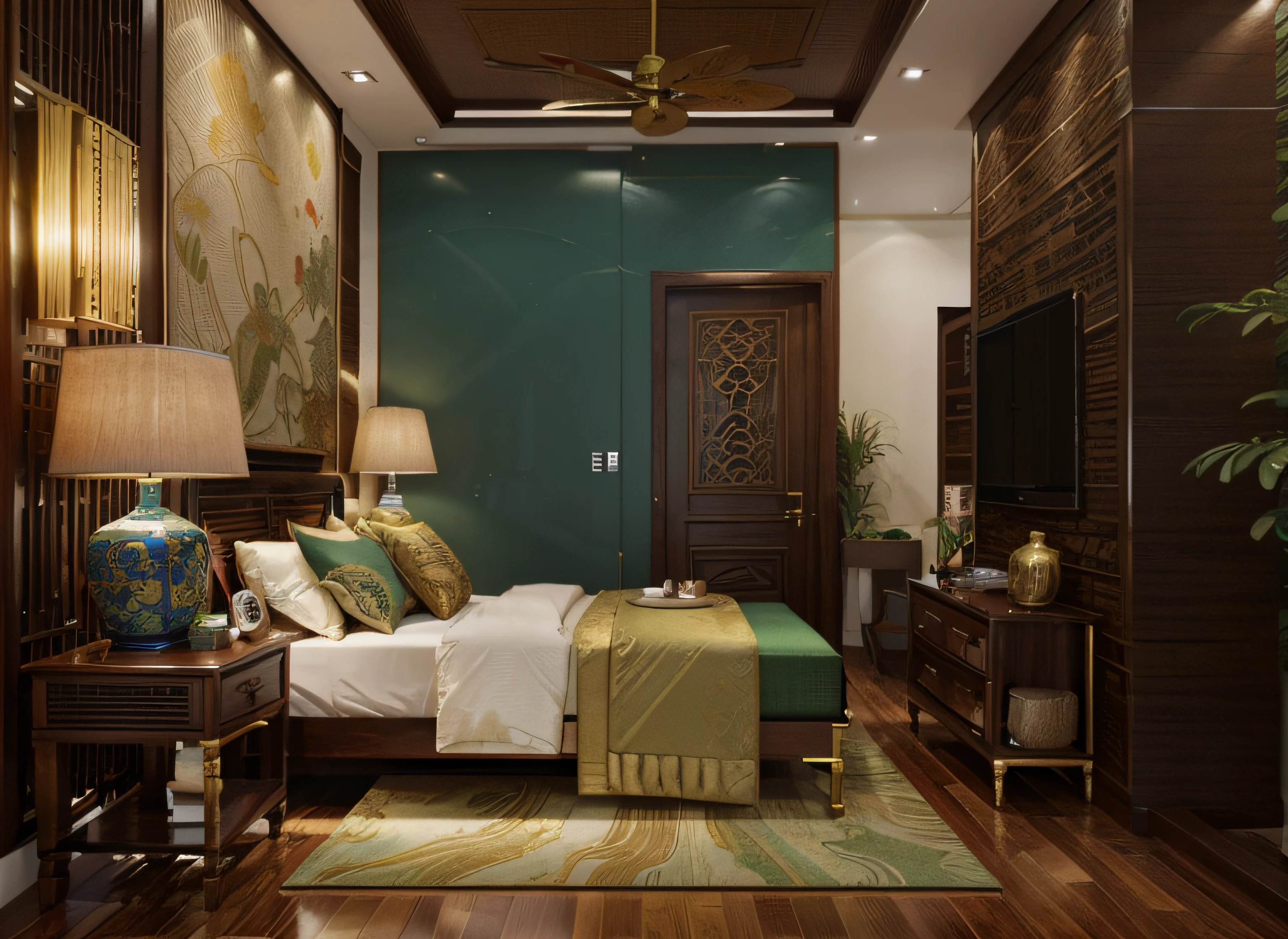Earthy Tones: Indochine interiors frequently feature earthy and natural colors, such as warm browns, muted greens, and sandy beiges. These colors evoke the lush landscapes of Southeast Asia and provide a grounding base for the design. Rich Reds and Oranges: Deep red and burnt orange hues are commonly used in Indochine design to add vibrancy and a touch of exotic flair. These colors can be found in textiles, upholstery, and decor accents. Cool Blues and Greens: Soft blues and soothing greens, reminiscent of tropical waters and foliage, can be used to create a calming atmosphere. These colors often appear in wall paint, fabrics, and ceramics. Gold and Brass Accents: Metallic accents, particularly gold and brass, are frequently used to add a sense of luxury and opulence. You can find these accents in light fixtures, cabinet hardware, and decorative pieces. Patterned Fabrics: Indochine design incorporates a variety of patterned fabrics, including traditional Southeast Asian motifs like batik and ikat. These fabrics can be used for drapes, throw pillows, and upholstery, introducing a diverse range of colors and patterns. Dark Wood Furniture: Dark wood furniture, such as teak or mahogany, is a staple in Indochine interiors. The rich, dark hues of the wood create a strong contrast with the softer colors in the room. Traditional Art and Artifacts: Display traditional Southeast Asian art, sculptures, and artifacts that often feature a wide spectrum of colors, from vibrant reds and golds to deep blues and earthy greens. Woven Materials: Rattan, wicker, and bamboo furniture and decor items add natural textures and colors to the space. These materials are often seen in chairs, tables, and room dividers. Vietnamese Ceramics: Blue and white Vietnamese ceramics, known for their intricate patterns, are commonly used for decorative purposes and can introduce a cool color palette to the room. Asian-inspired Wallpaper: Wallpaper with Asian-inspired designs, such as cherry blo