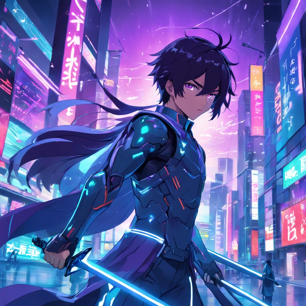 imagine (male) cyber samurai, detailed 2d vector anime, potrait (suit) cyber ninja white and purple, ((futuristic)) neon cyberpunk suit, using futuristic (helmet faceless), (weapon) 2 sword on his back, stunning artwork, shimmering shadows, strong colors, cyberpunk concept with neon effect, black hair, (eyes) green, cyberpunk background with purple and blue lights