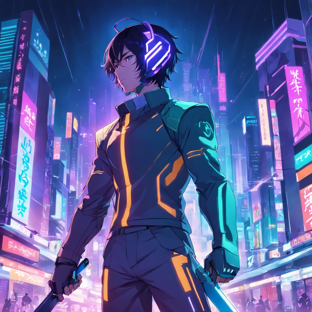 imagine (male) cyber samurai, detailed 2d vector anime, potrait (suit) cyber ninja white and purple, ((futuristic)) neon cyberpunk suit, using futuristic (helmet faceless), (weapon) 2 sword on his back, stunning artwork, shimmering shadows, strong colors, cyberpunk concept with neon effect, black hair, (eyes) green, cyberpunk background with purple and blue lights