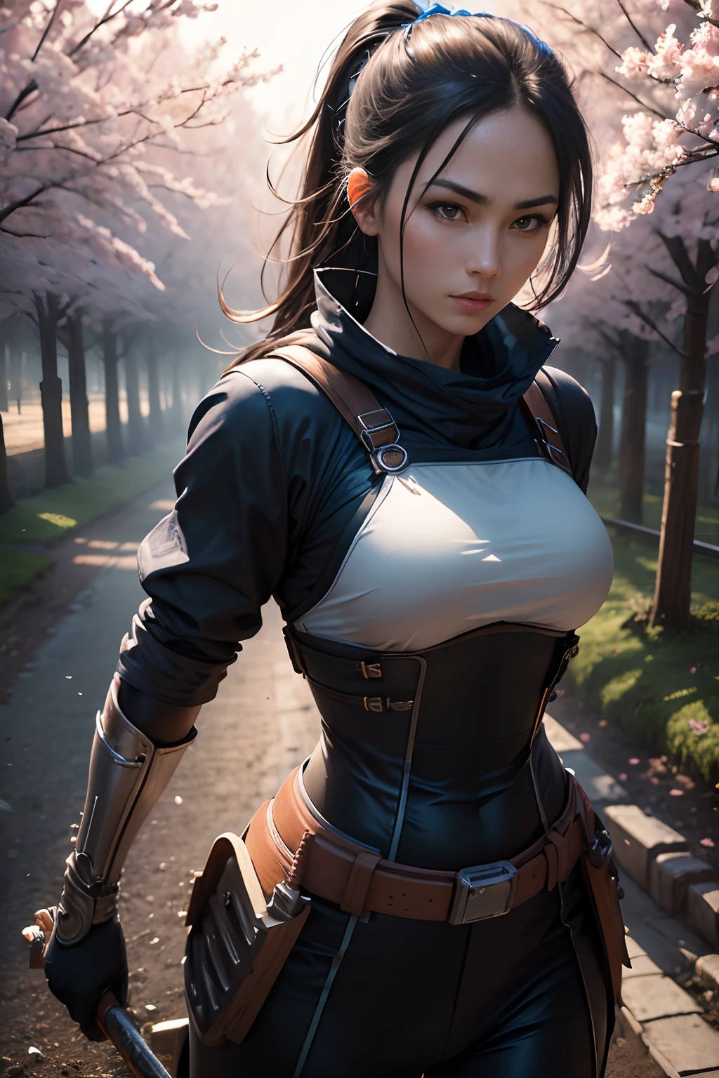 (best quality,4k,highres,masterpiece:1.2),ultra-detailed,(realistic:1.37),Ninja in blue costume,riding an excavator,on a road at night,cherry trees around,detailed facial features,determined expression,dynamic pose,samurai sword in hand,ancient mystical aura,misty moonlight on trees,blossoming cherry blossoms,faint cool breeze,moonlight casting shadows,contrast between light and darkness,sharp focus,physically-based rendering,dramatic lighting effect,expressive brushstrokes,vivid colors