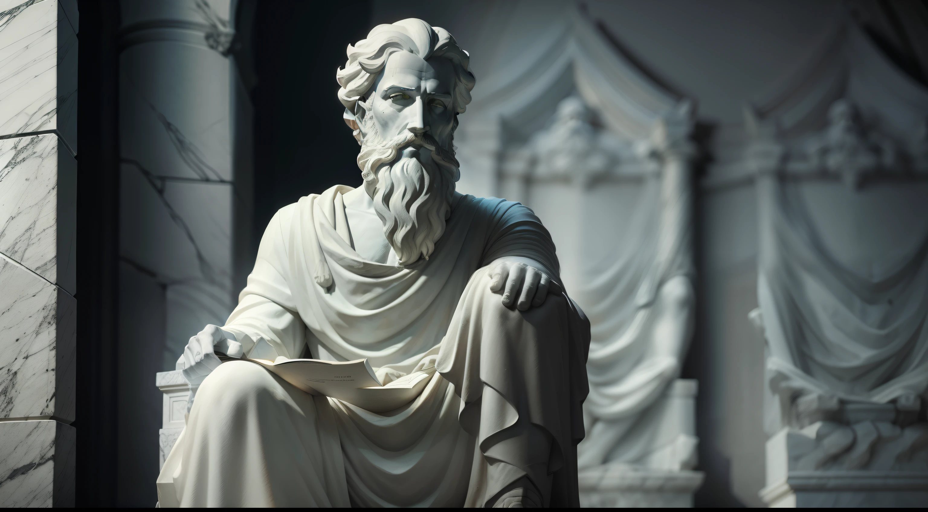 White marble statue of wise man with beard Greek philosopher style in museum. Atmosfera dark, ato contraste de luz e sombra, fotografia profissional, utrarealista, Light Volumetric, cinemactic