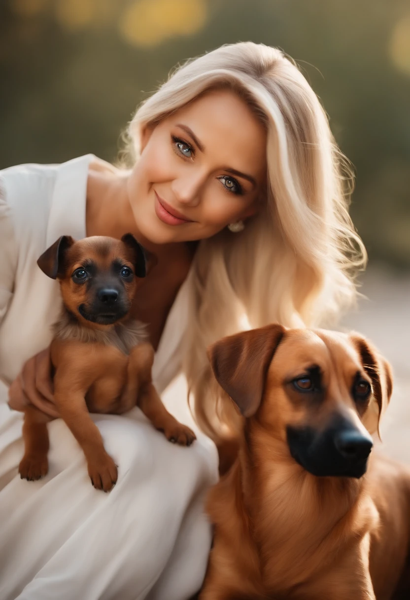 "Make a Disney Pixar-style picture, em 3D" Blonde woman greenish brown eyes long hair in veterinary clothes and with 4 small dogs short hair, pinscher
