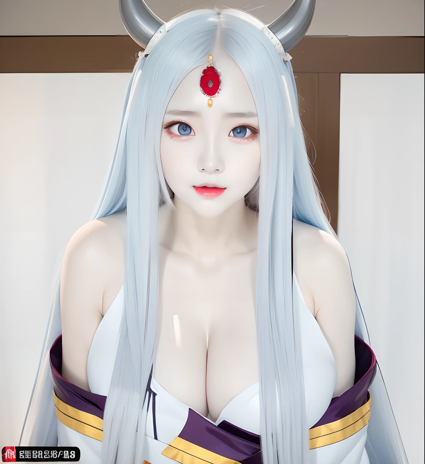 anime girl with horns and a white dress with red eyes, white haired deity, shiro from deadman wonderland, the piercing stare of yuki onna, rei hino as a princess, tensei shitara slime datta ken, anime monster girl, white horns queen demon, kaguya ōtsutsuki, anime goddess, cell shaded adult animation, an exhausted deity, smile,