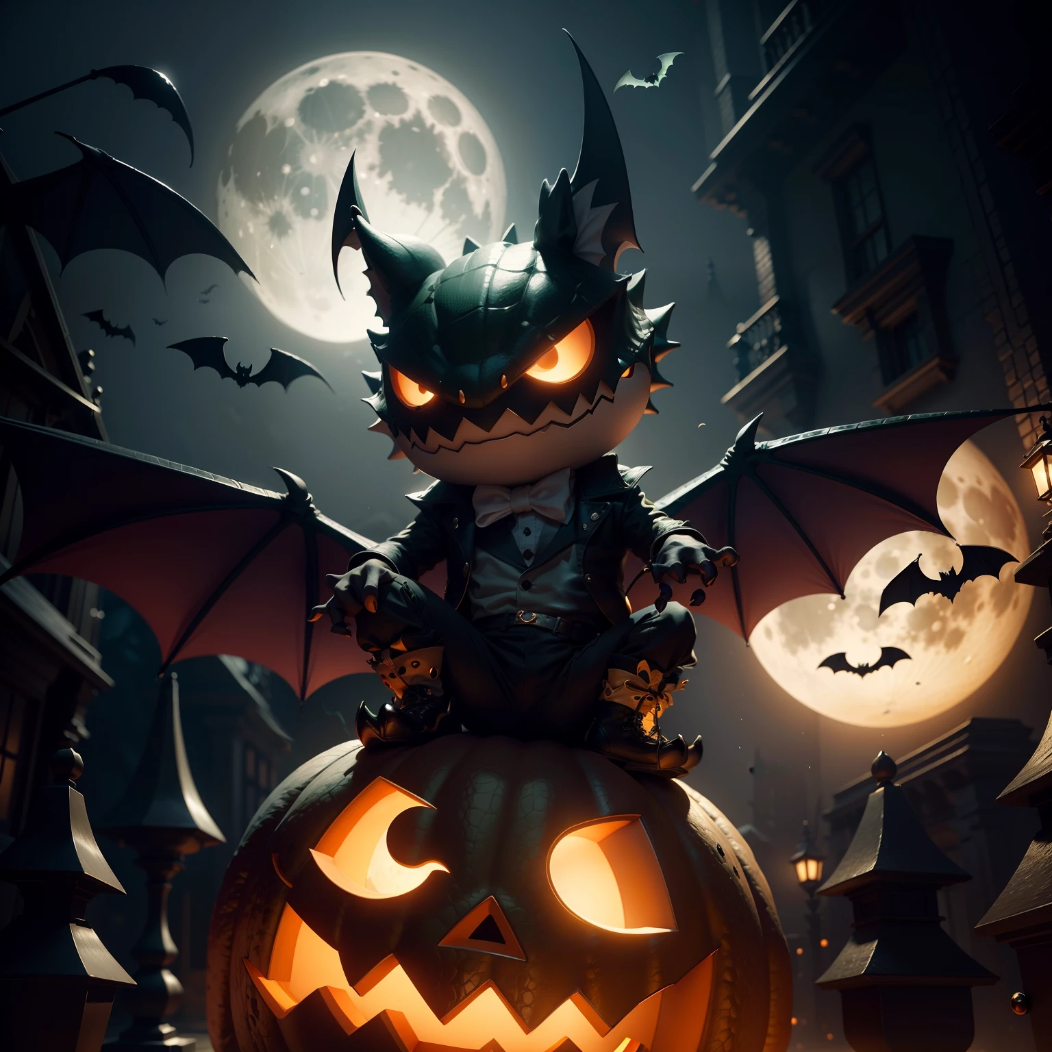 Cute Halloween Crocodile,Middle element,(master-piece,bestquality:1.2),Best Lights,best shadows,Show background,bat,full big moon, stylized 3d render