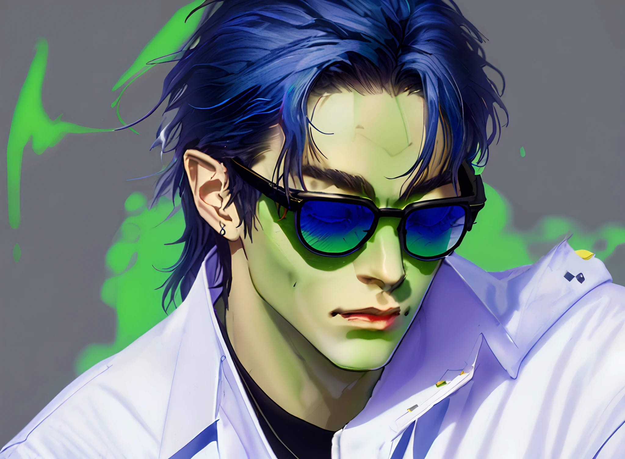 Cara com pele verde, com os olhos fechados, messy hair, dark blue hair, orelhas pontudas de duende, vestindo um casaco de cientista branco, camisa cinza, wearing black pants and wearing flight goggles oo his forehead, with green and black binary codes in the background