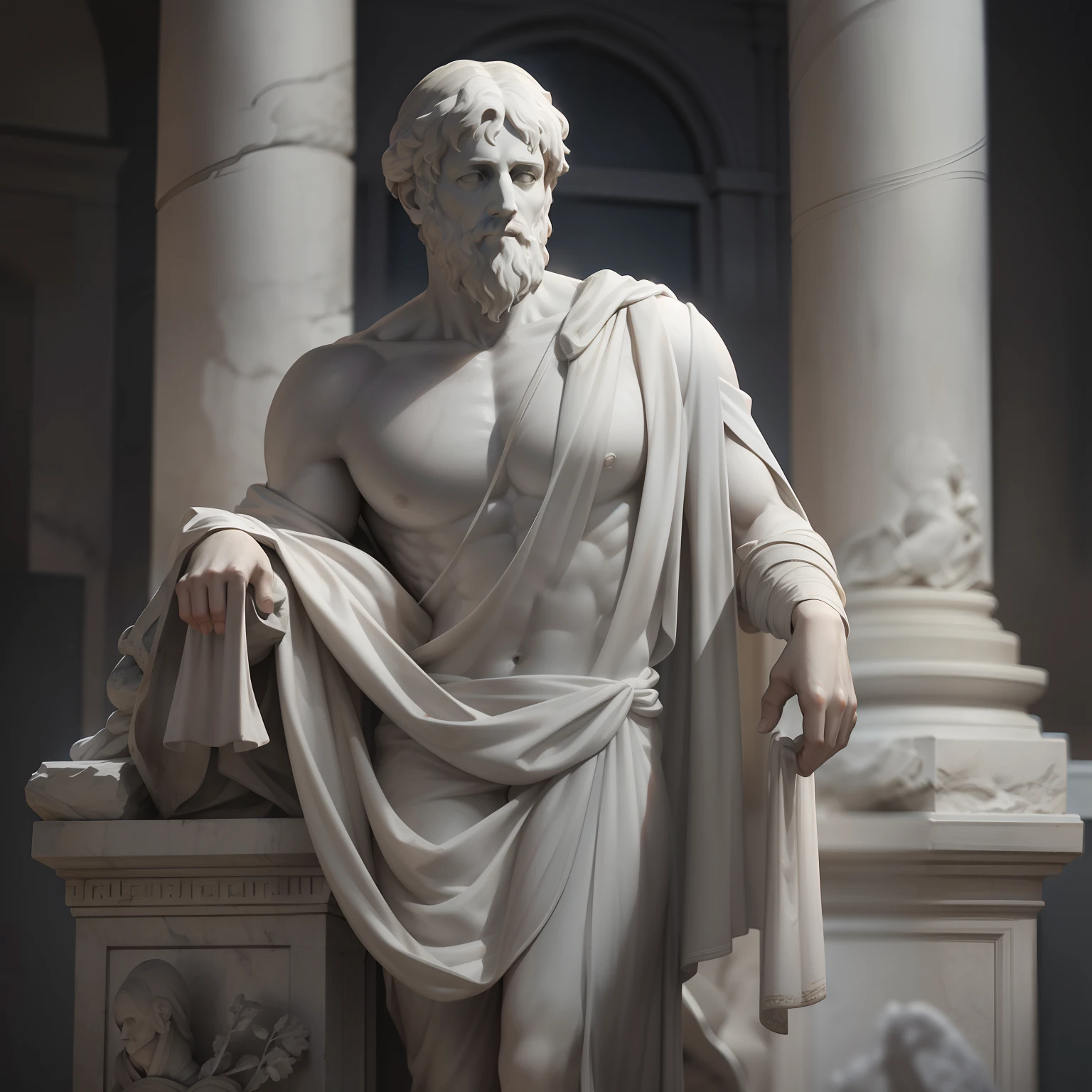 A realistic Greek white marble statue of the brave Aristotle detailed wearing a ghostly toga, fundo neutro, Moody, , fotorrealista, Jantar de cinema atencioso, super detalhado, hyper realistic, luzes escuras