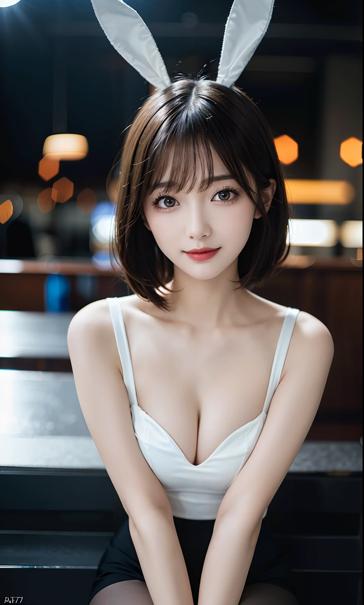 (RAW photo: 1.2), top quality, beautiful detailed girl, bunny girl, smile, short hair, highly detailed eyes and face, beautiful detailed eyes, huge file size, high resolution, high resolution, 8k wallpaper, fine detail, highly detailed ticker uniform 8k wallpaper, light on face, movie lighting, 16 year old girl, sexy pose, (photorealism: 1.4), illustration, Surrealism, from below, super detail, masterpiece, playboy bunny, fishnet pantyhose, sitting