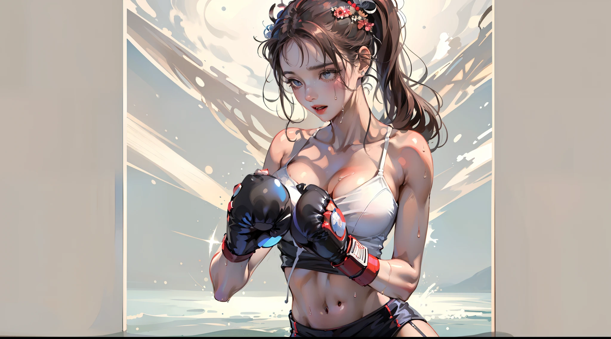 (steams:1.1),(Wet:1.1),(Trembling:1.1),(Sweat:1.1),Focused Breast,Pubic Area Showing,(s girl,boxing),boxer,(4K), (RAW photo: 1.2), (Realism: 1.4), (masutepiece: 1.3), (exquisite detailing: 1.2), Delicate and beautiful details, (eye detailed), (Facial detailed), (Highest quality:1.4), (Hyper-Resolution: 1.2), (very detailed illustration),