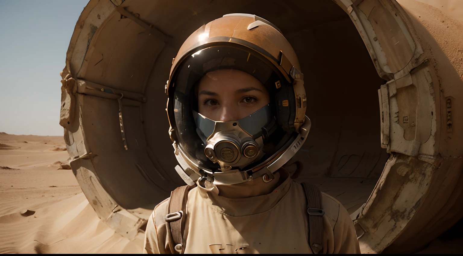 cinematic, female with astronaut helmet, wearing air tight helmet, helmet. Air not breathable on mar, full body astronaut suit, Eye Level Shot, menace coming, sand - storm, mars desert, peach light, movie still