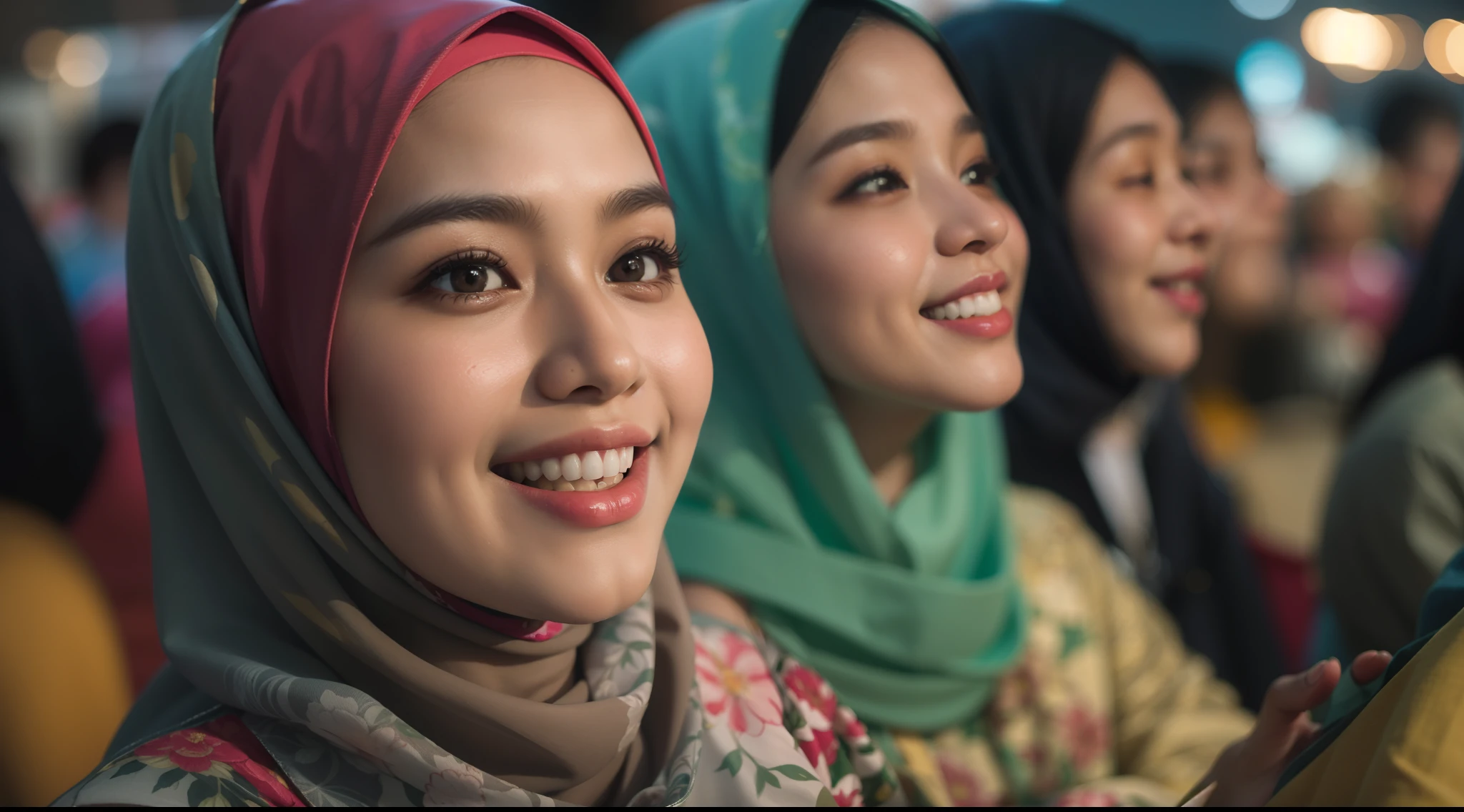 Portrait photography of a beautiful young malay girl in hijab and wear floral pattern baju kurung with 1 malay man watching a malay traditional concert, nighttime, beach concert background, crowded concert, bokeh, bright lighting, smile and happy gesture, high quality, ultra detail, 8k, cinematic color, 28mm, Establishing shot, muted color grading, cinemascope,