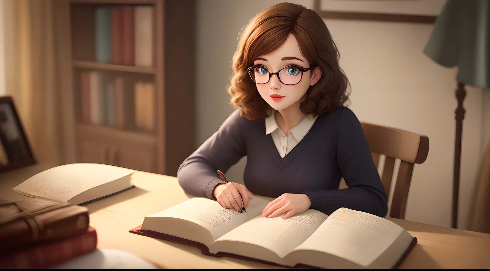 Woman with Bible, brown hair and glasses inspired by the Disney Pixar cartoon