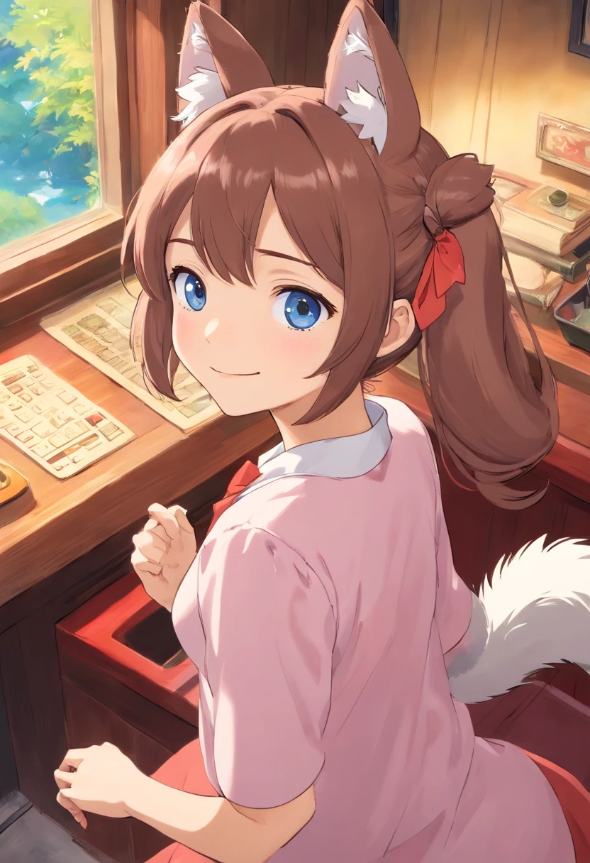 hi res), ((masutepiece)) , ((Best Quality)), Illustration, Provoked with fur, Cat, Animal ears, tail, body fur, 1girl in, POV, full bodyesbian, 1girl in, Solo, (((Hairstyle twin tails))), Brown hair,Pink Mixed, *//*, Blue Eye, *//*, White blouse, Looking at Viewer, Smile,