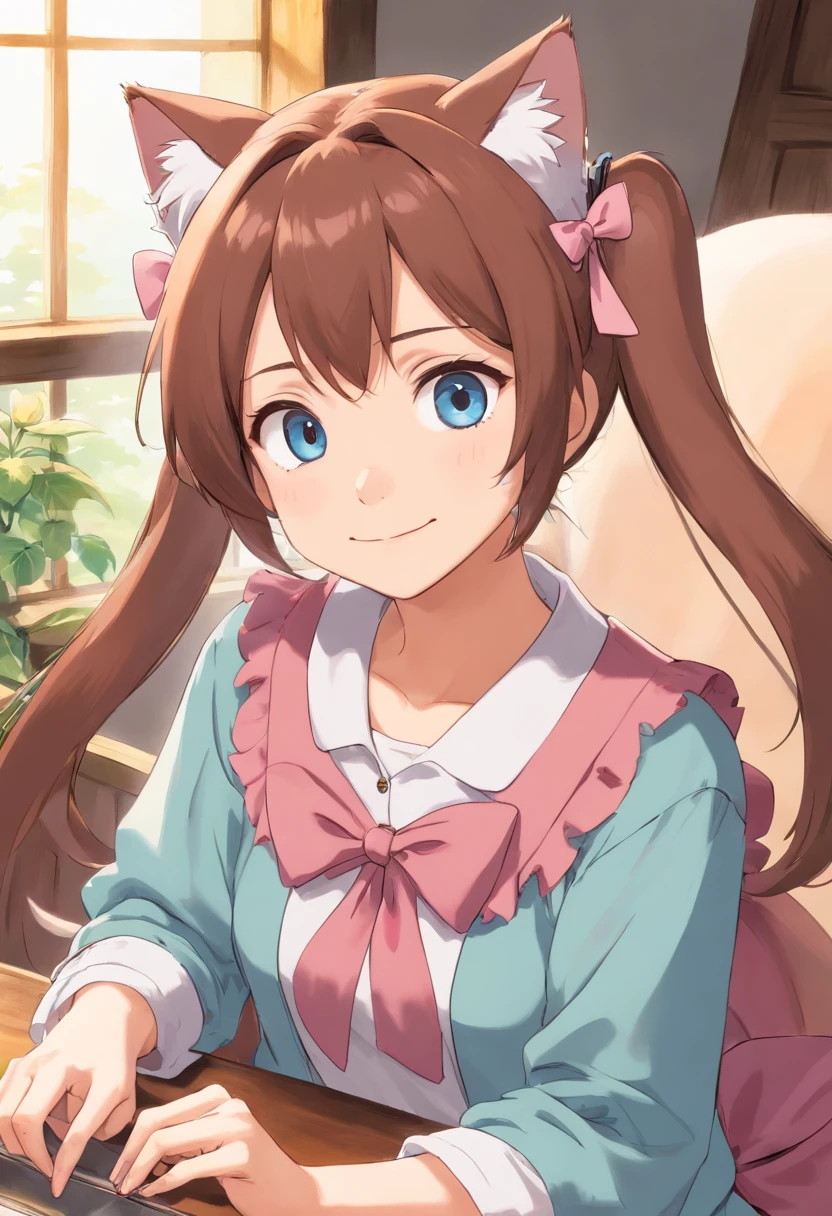 hi res), ((masutepiece)) , ((Best Quality)), Illustration, Provoked with fur, Cat, Animal ears, tail, body fur, 1girl in, POV, full bodyesbian, 1girl in, Solo, (((Hairstyle twin tails))), Brown hair,Pink Mixed, *//*, Blue Eye, *//*, White blouse, Looking at Viewer, Smile,