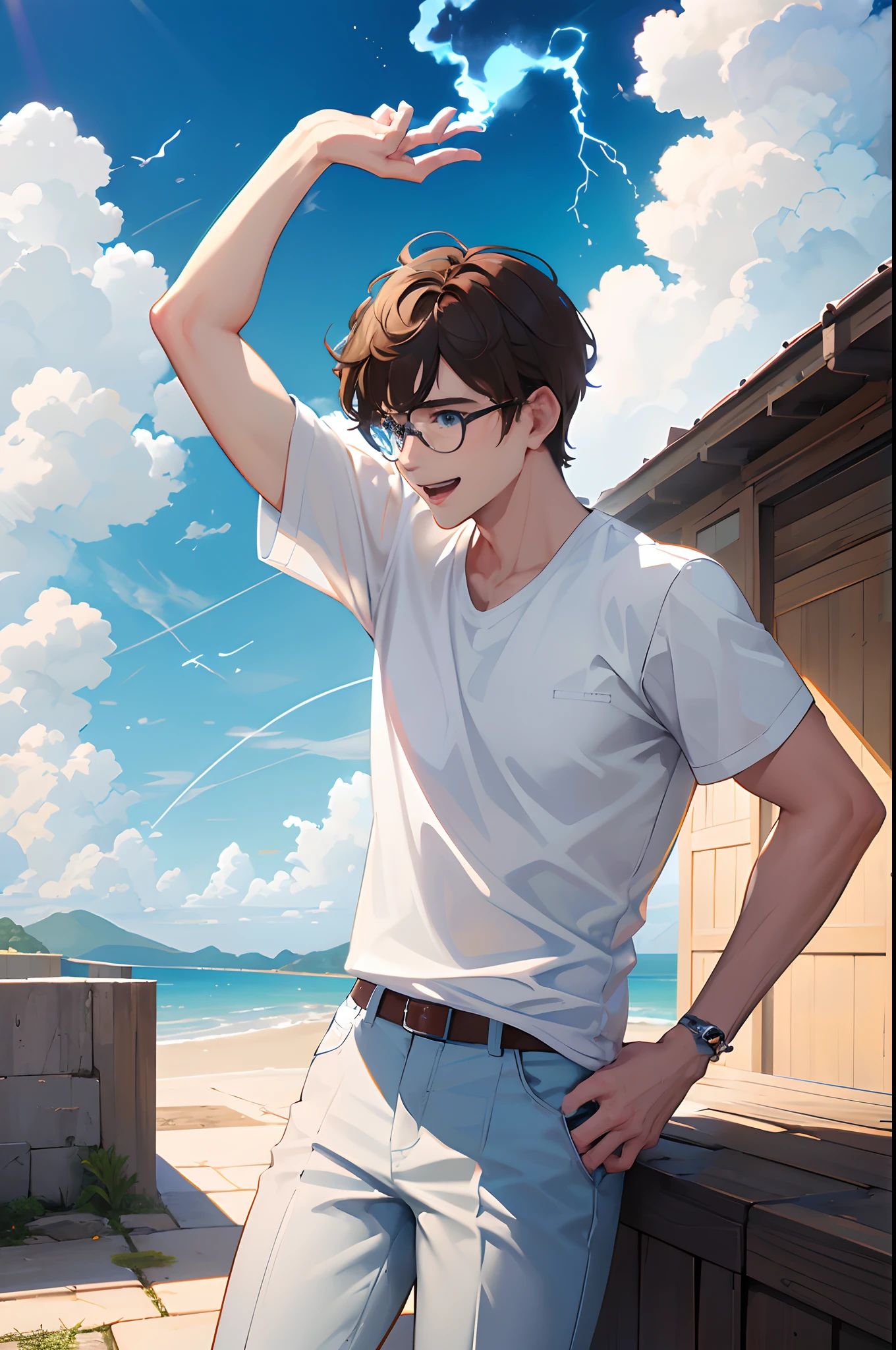 1 guy, freshly cut clean brown hair, blue eyes, wearing a casual pain white shirt, glasses, brown pants, who is tall, laughing, blue lightning, standing atop clouds absurdness, high res, ultrasharp, 8K, masterpiece absurdness, high res, ultrasharp, 8K, masterpiece