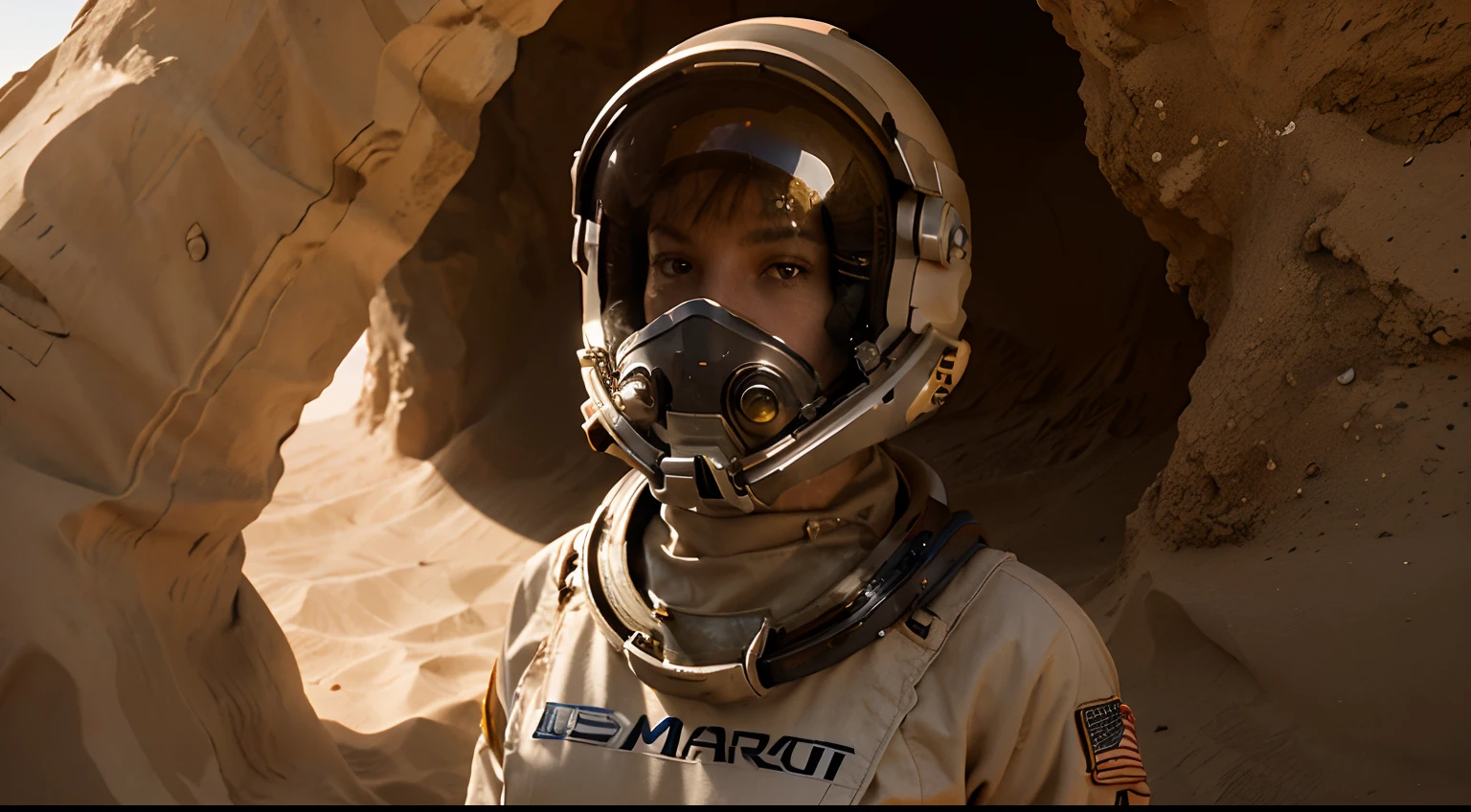 cinematic, female with astronaut helmet, wearing air tight helmet, helmet. Air not breathable on mar, full body astronaut suit, Eye Level Shot, menace coming, sand - storm, mars desert, peach light, movie still