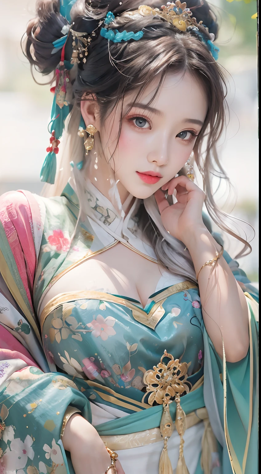 Photorealistic, high resolution, Colorful, colored splashing, Splash, 1 girl, Solo, Hips up, Beautiful eyes, Long hair, Medium breast, Intricate damask hanfu, Gorgeous accessories, Wearing pearl earrings