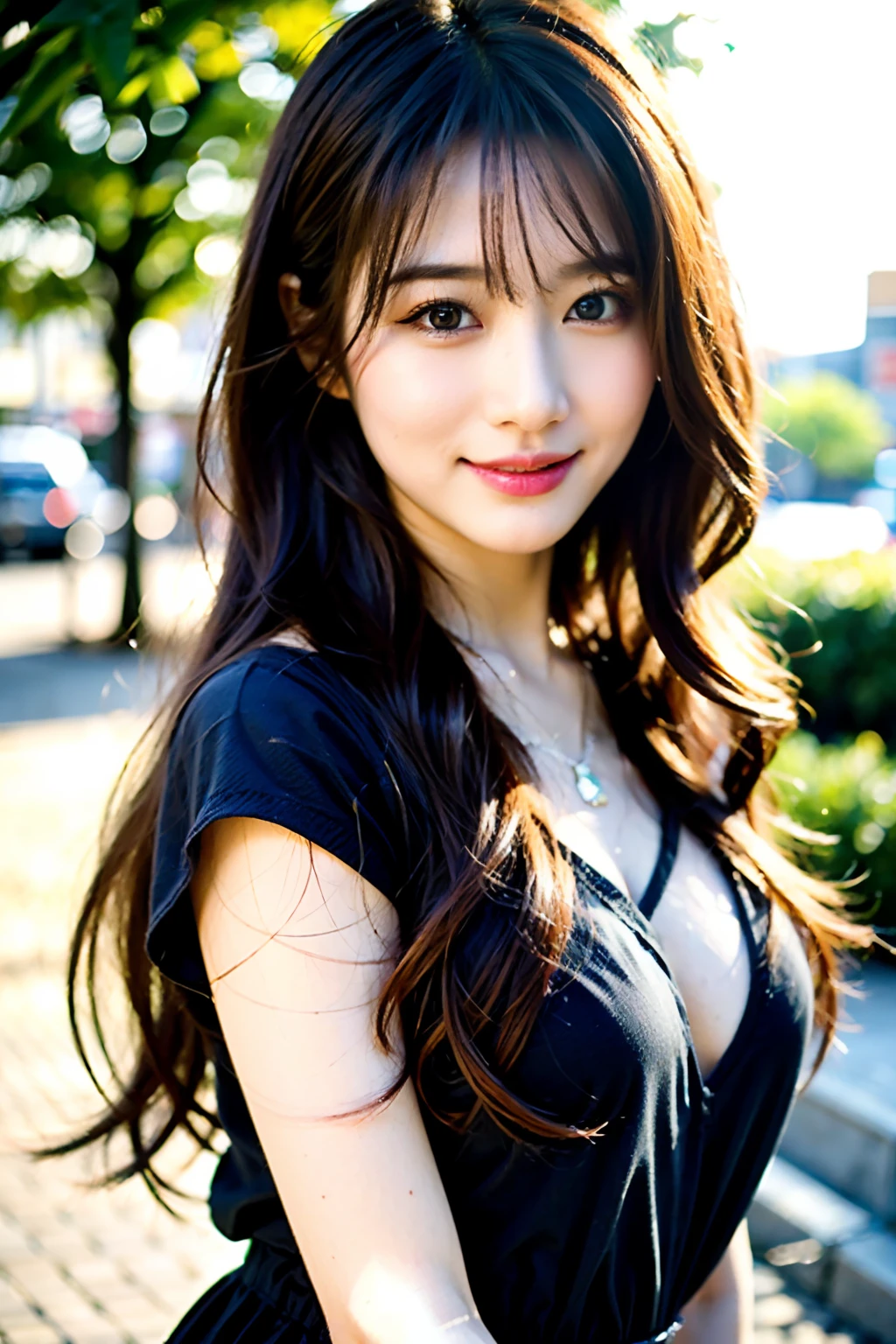 ​masterpiece、1 beautiful girl、A detailed eye、Puffy eyes、top-quality, 超A high resolution, (Realisticity: 1.4), Bright sunshine、japanes、Asian Beauty、Korea person、Super beauty、Beautiful skin、A slender、The body is facing forward、(A hyper-realistic)、(hight resolution)、(8K)、(ighly detailed)、(beautifully detailed eyes)、(ultra-detailliert)、 (wall-paper)、A detailed face、Bright lighting、profetional lighting、looking at viewert、Facing straight ahead、(She wears a neat black shirt and dress)、(A smile,1.2)、Brown hair、乃木坂アイドル、韓国アイドル、hposing Gravure Idol、女優、25-years old、tall,