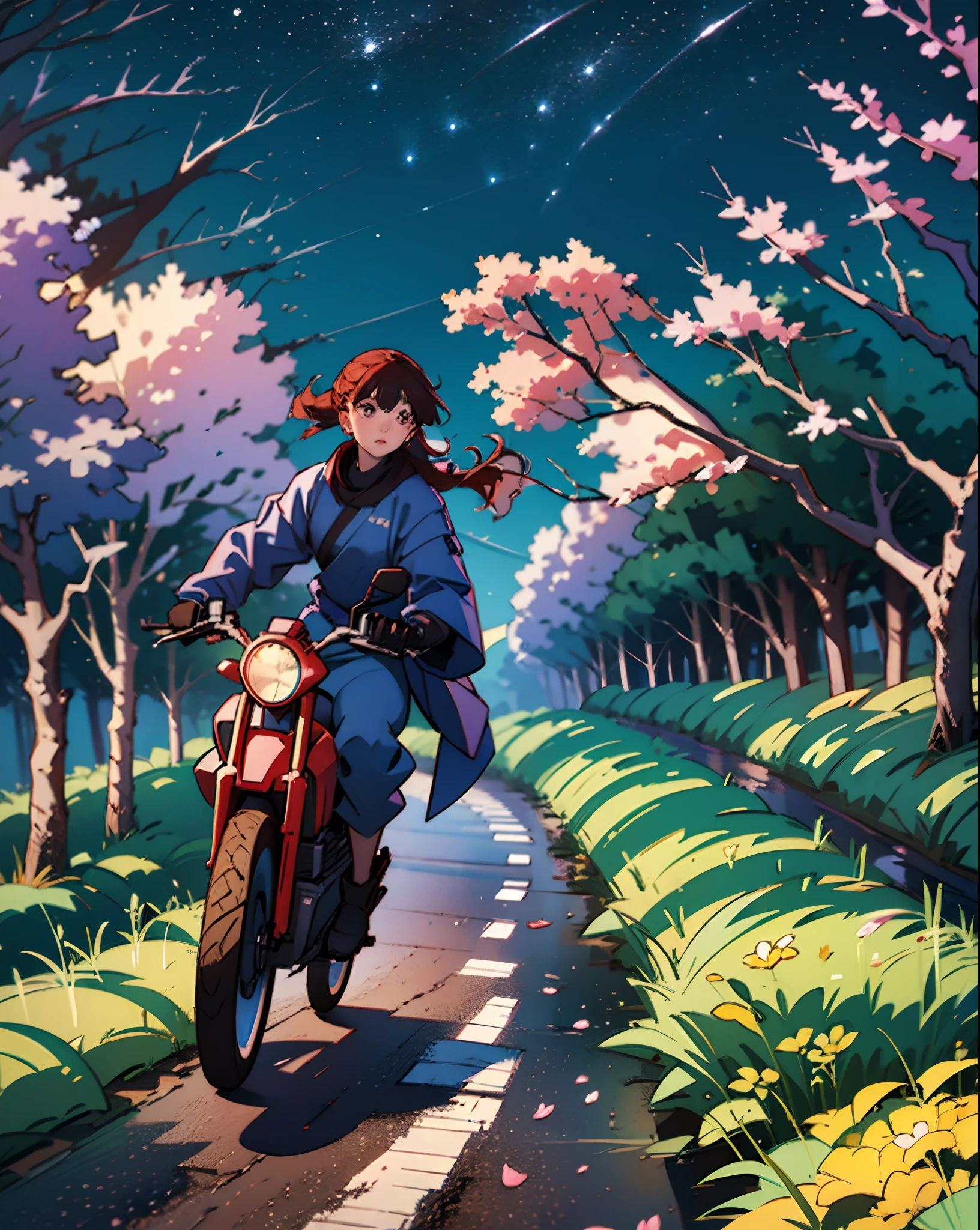 Ninja in blue costume, riding an excavator, on a road at night with cherry trees around --auto --s2