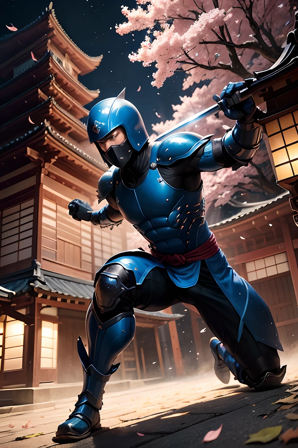 Ninja in blue costume,riding a yellow excavator,on a road at night with cherry trees around,illustration style,masterpiece:1.2,ultra-detailed,realistic,sharp focus,professional,vivid colors,bokeh,portrait,nighttime,dark lighting,moonlight,night sky,mysterious atmosphere,ancient Japanese art style,samurai elements,stealthy,fast-paced action,motion blur,metallic armor,dynamic pose,sword slashing through the air,dramatic shadows,falling sakura petals,flickering lanterns,authentic traditional architecture,lantern-lit path,peaceful yet dangerous ambiance