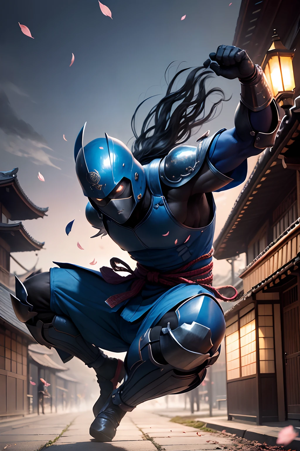 Ninja in blue costume,riding a yellow excavator,on a road at night with cherry trees around,illustration style,masterpiece:1.2,ultra-detailed,realistic,sharp focus,professional,vivid colors,bokeh,portrait,nighttime,dark lighting,moonlight,night sky,mysterious atmosphere,ancient Japanese art style,samurai elements,stealthy,fast-paced action,motion blur,metallic armor,dynamic pose,sword slashing through the air,dramatic shadows,falling sakura petals,flickering lanterns,authentic traditional architecture,lantern-lit path,peaceful yet dangerous ambiance