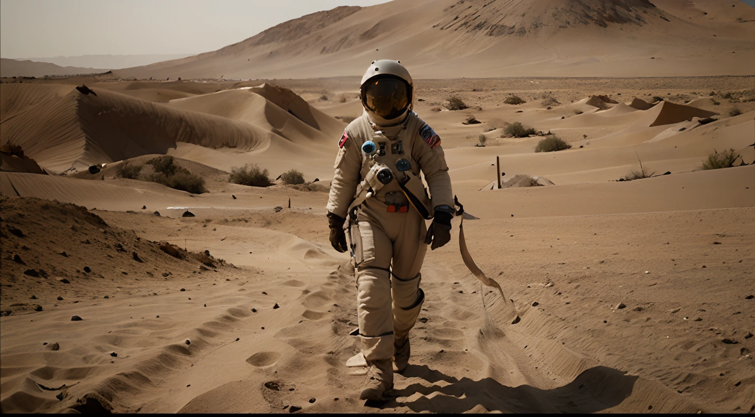 cinematic, a walking female astronaut with helmet, establishing shot, menace coming, sand - storm, mars desert, peach light, movie still