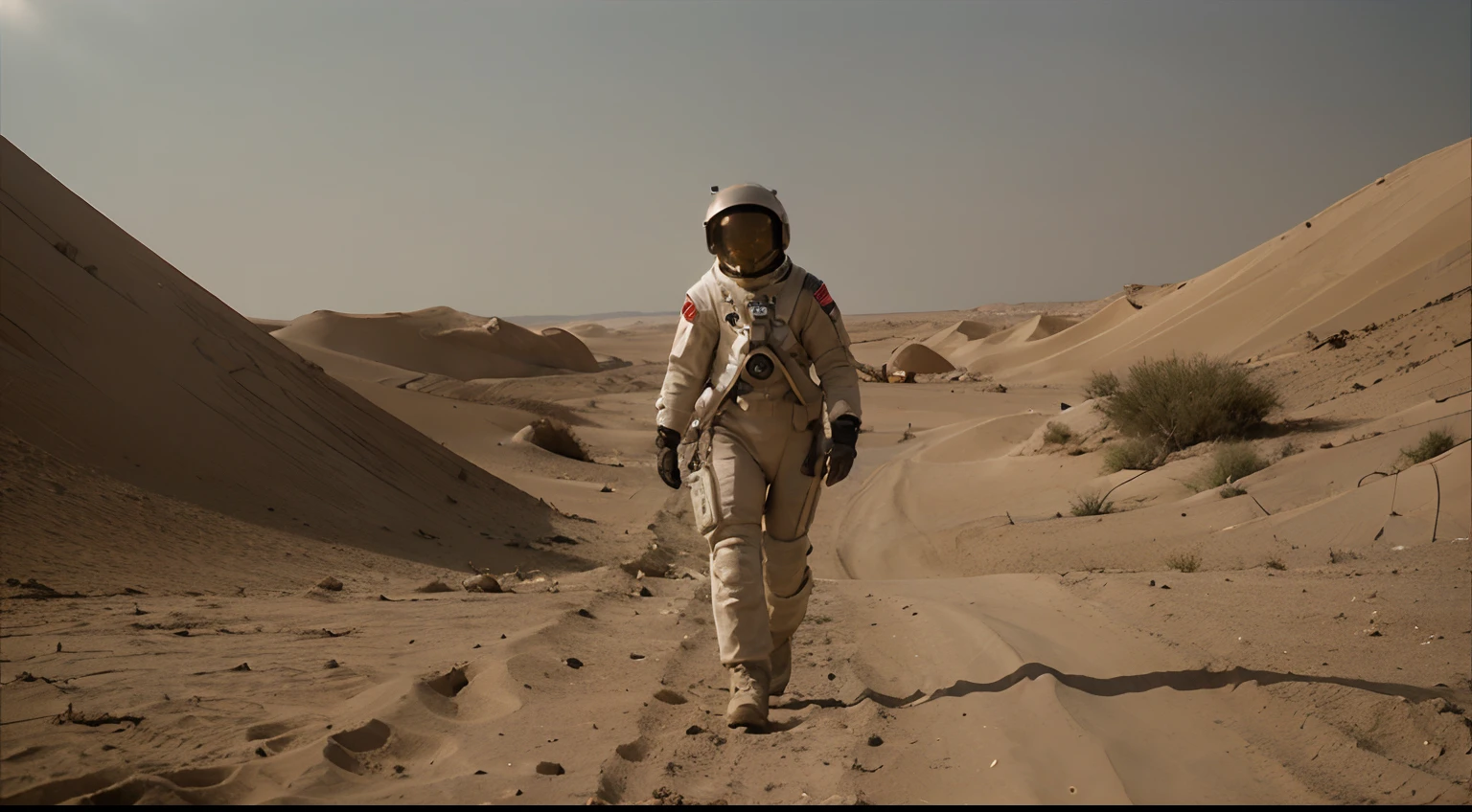 cinematic, a walking female astronaut with helmet, establishing shot, menace coming, sand - storm, mars desert, peach light, movie still