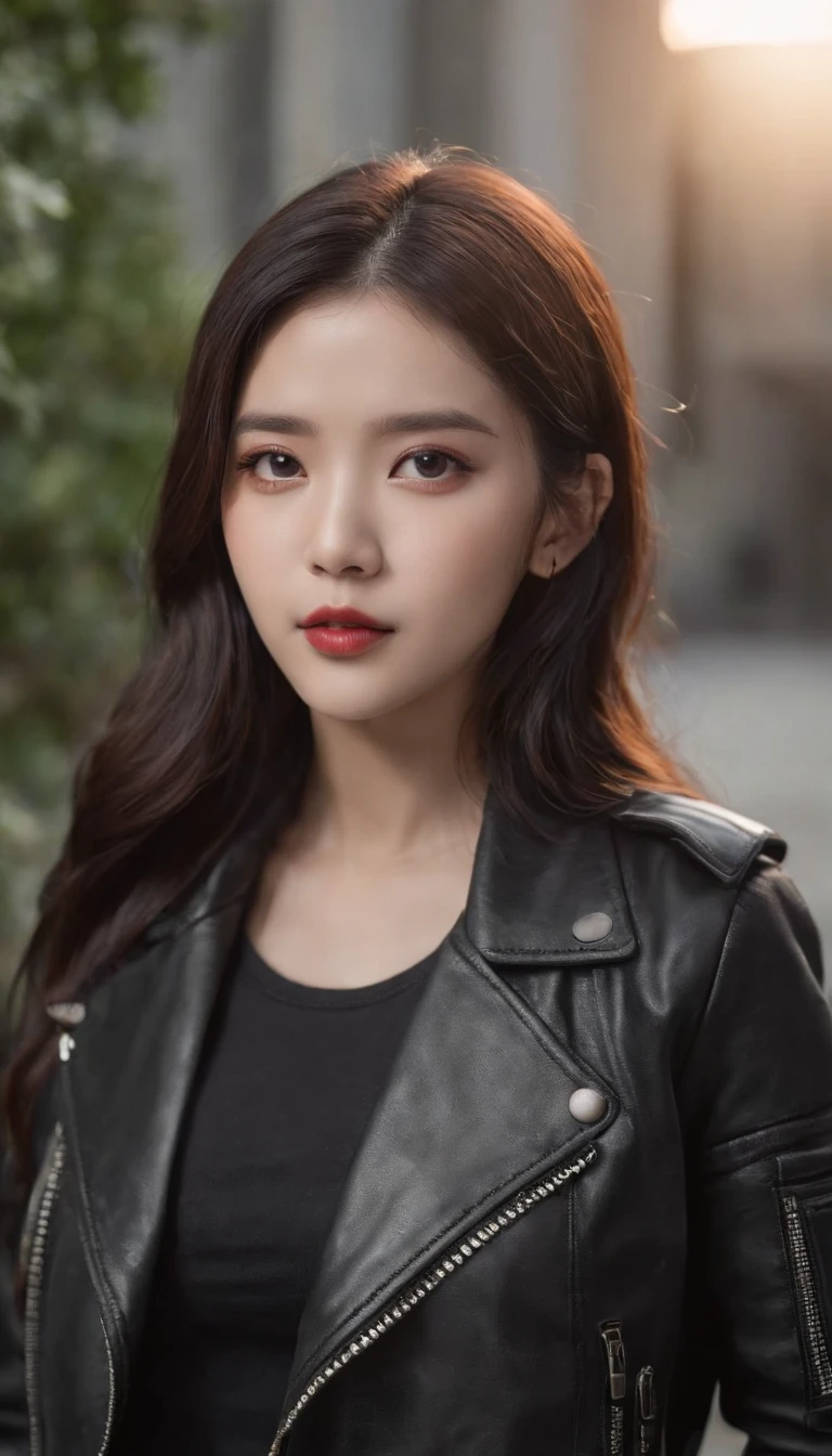 Alafi woman in black leather jacket and shorts posing for photo, iu lee ji-eun as a super villain, cruel korean goth girl, wearing cyberpunk leather jacket, sun yunjoo, She is wearing a leather jacket, Leather, Dressed in black leather, park shin hye as a super villain, portrait of jossi of blackpink, black leather slim clothes, gothic jacket